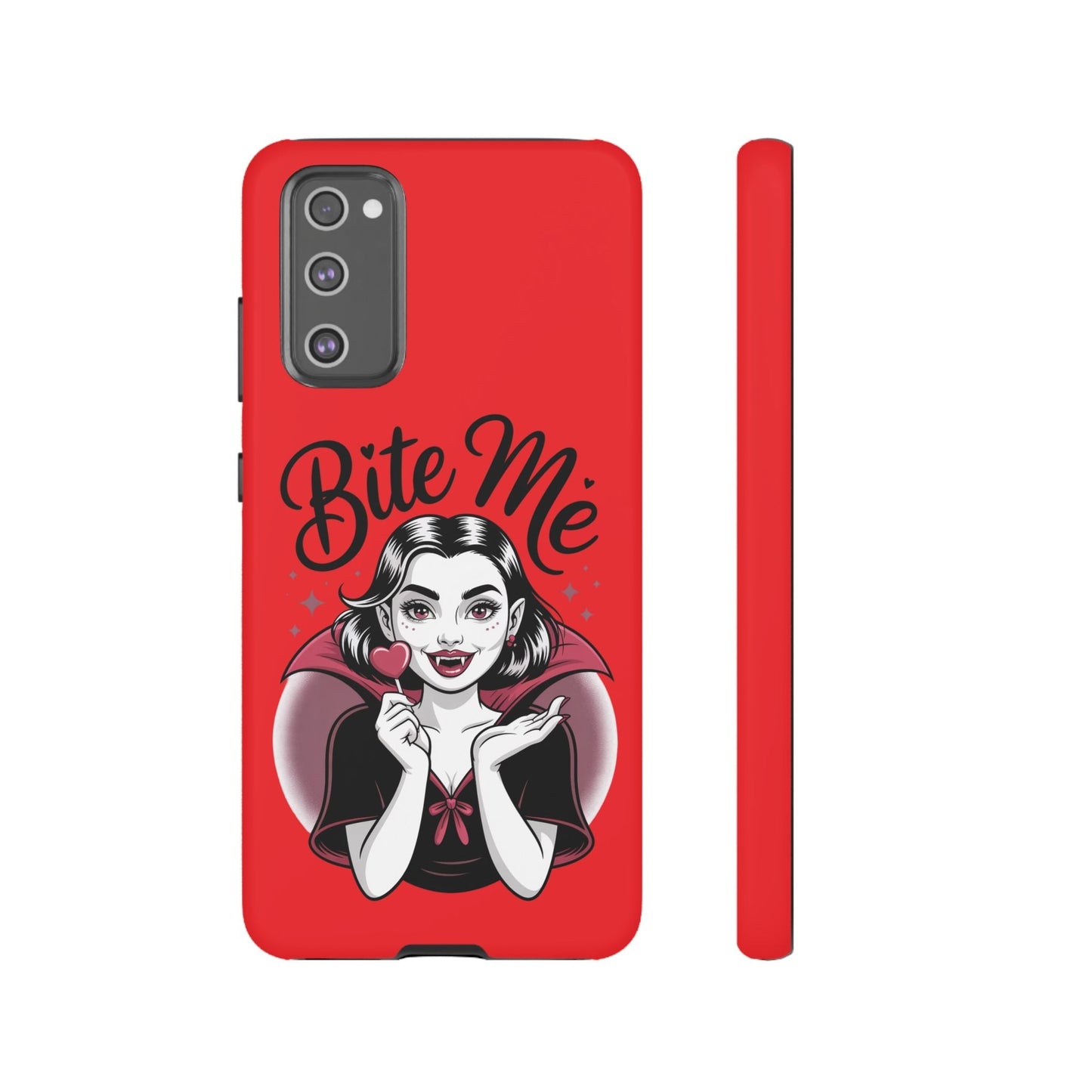 Red Samsung phone case featuring a cartoon vampire woman holding a heart with "Bite Me" text, Halloween-themed design.