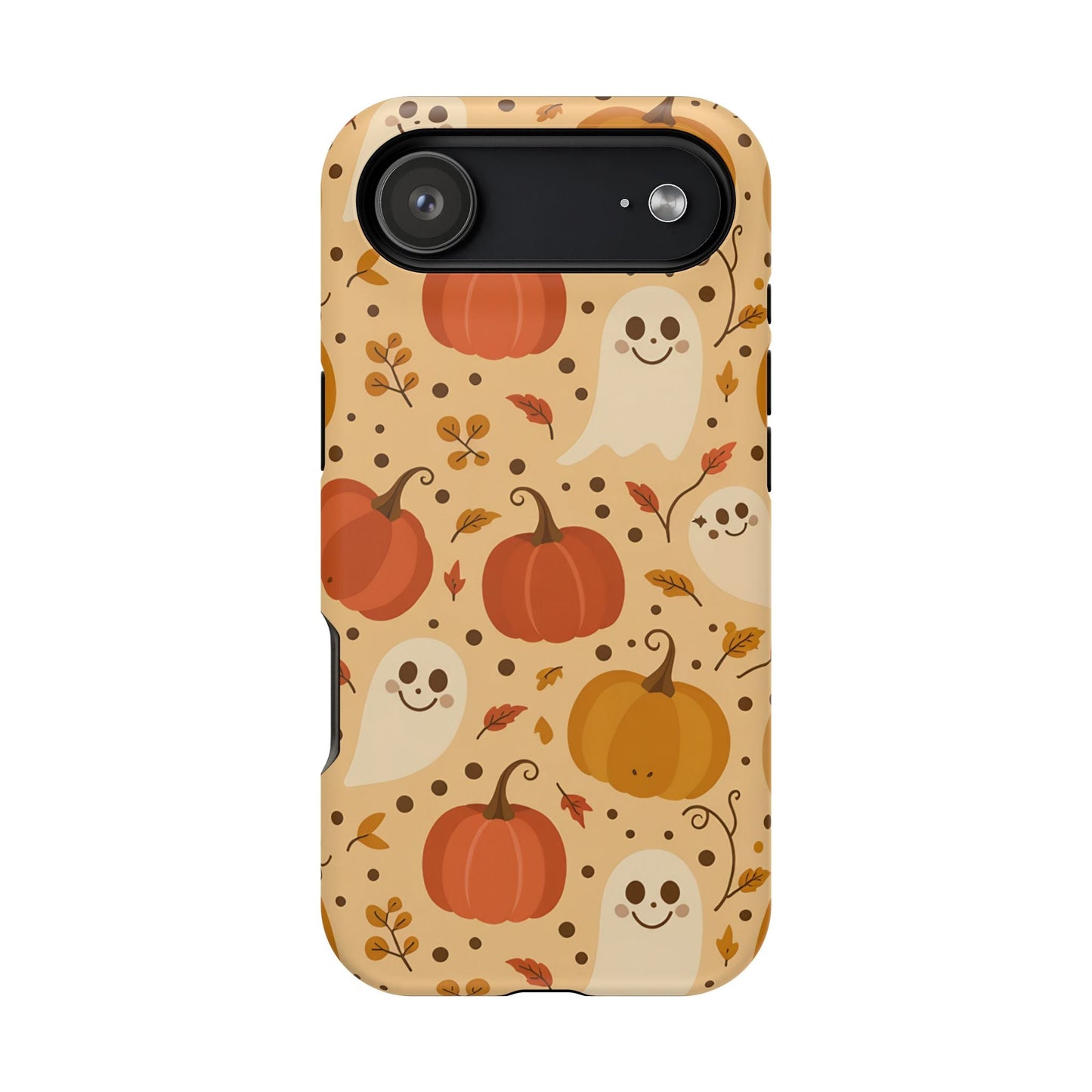 Spooky Pumpkins Halloween iPhone case with ghosts and pumpkins design, durable protective MagSafe compatible tough case