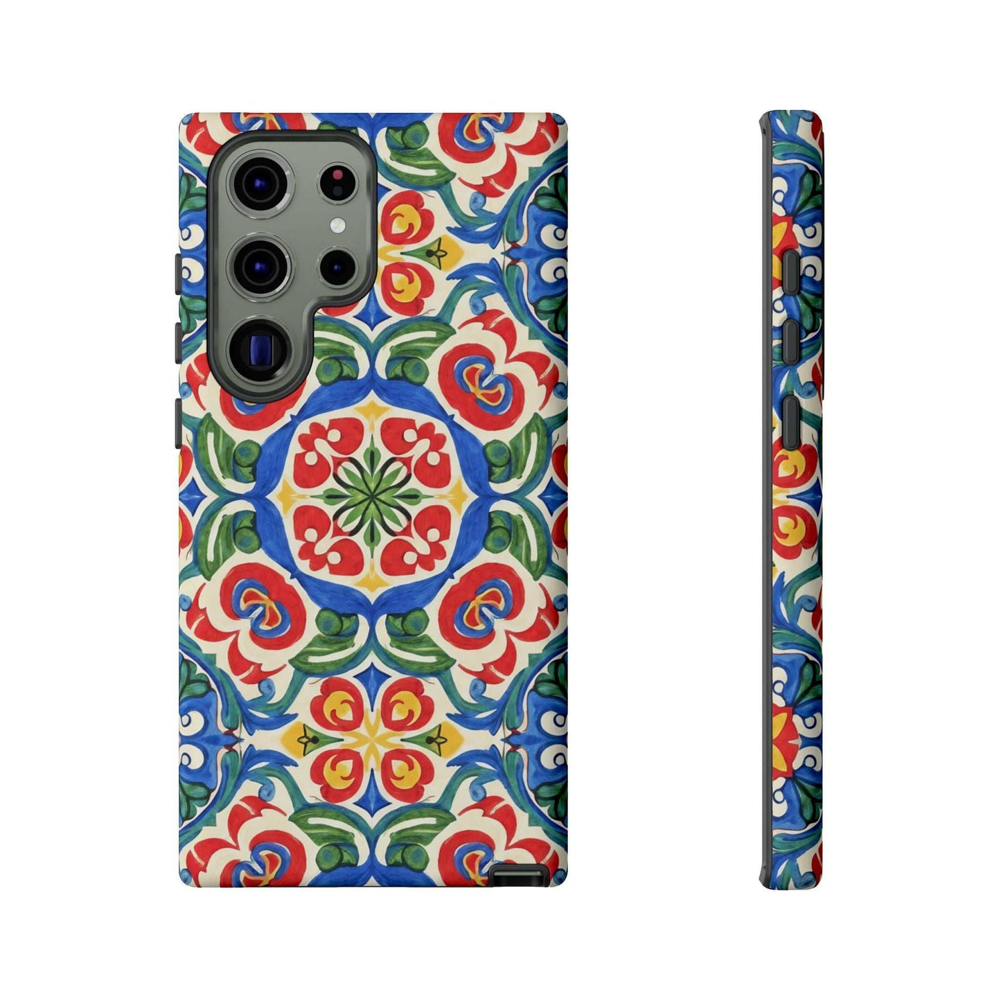 Mediterranean Samsung Case with colorful hand-painted tile design and dual-layer protection