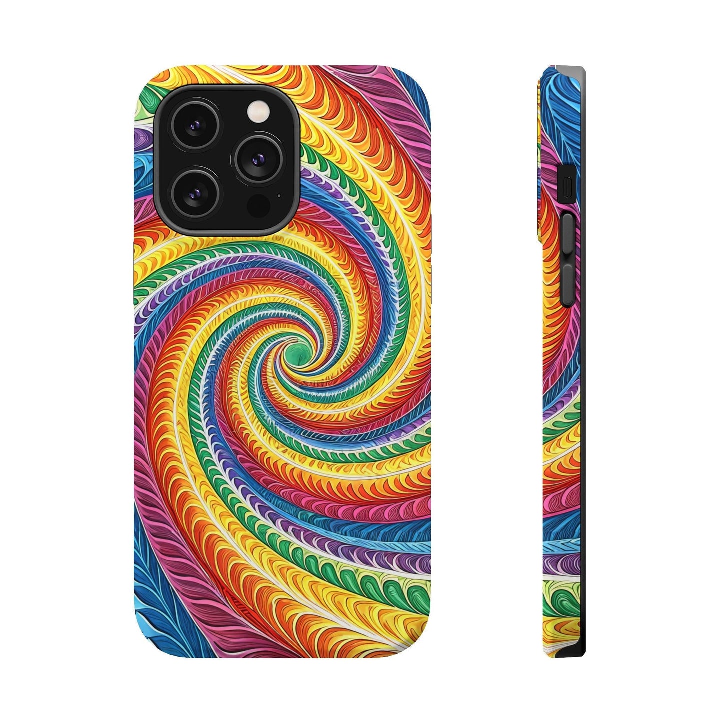 iPhone tough case with vibrant rainbow swirl design, dual-layer protective polycarbonate construction, MagSafe compatible, available in glossy or matte finish