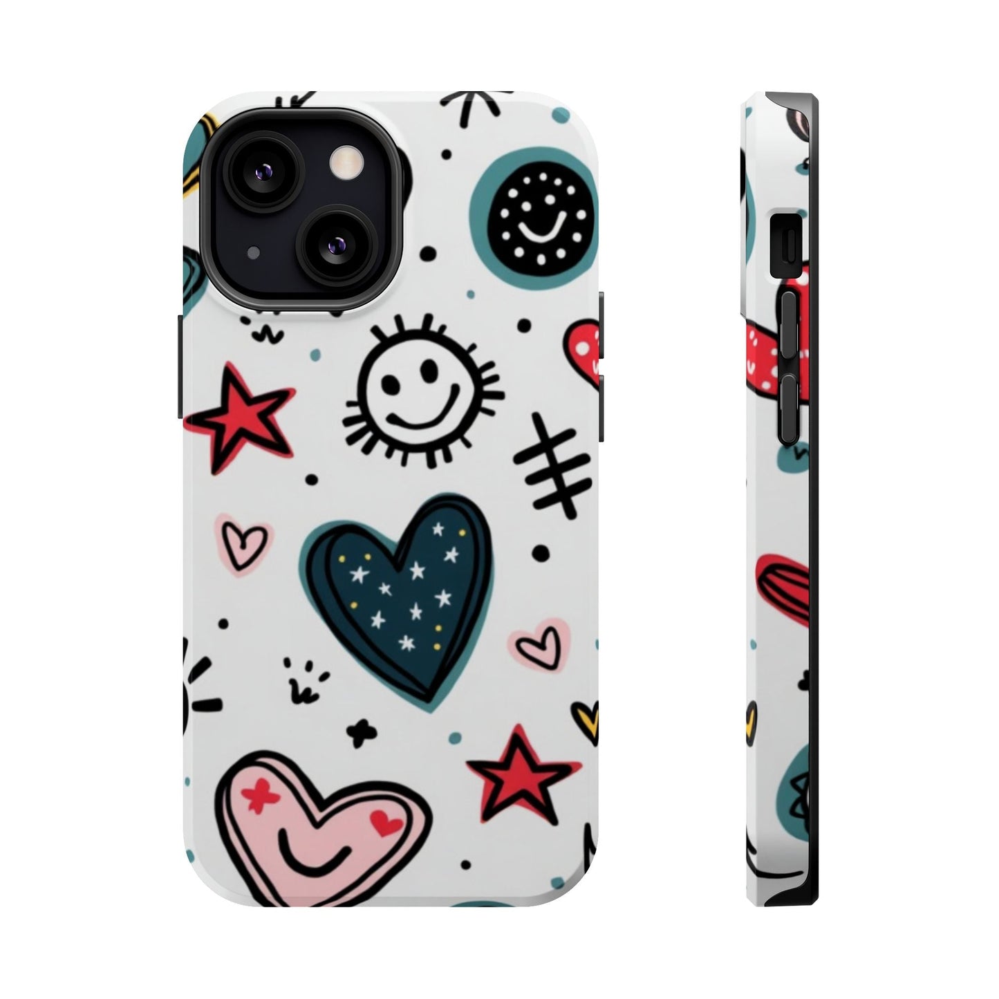 iPhone tough case with colorful cartoon hearts and smiley face design, durable protective polycarbonate and TPU layers, MagSafe compatible.