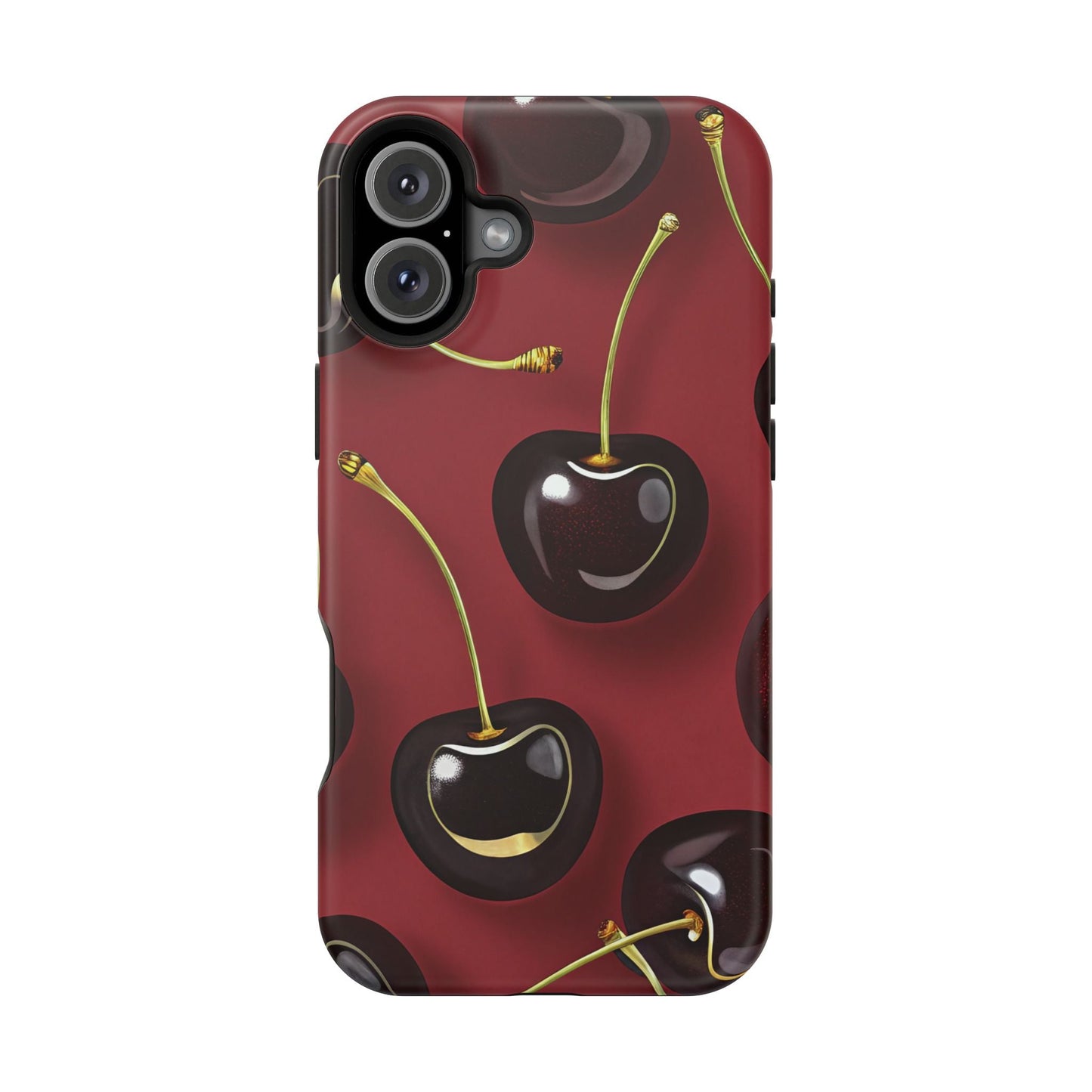 Cherry iPhone tough case with vibrant photo-realistic cherry print, dual-layer protection, and MagSafe compatibility.
