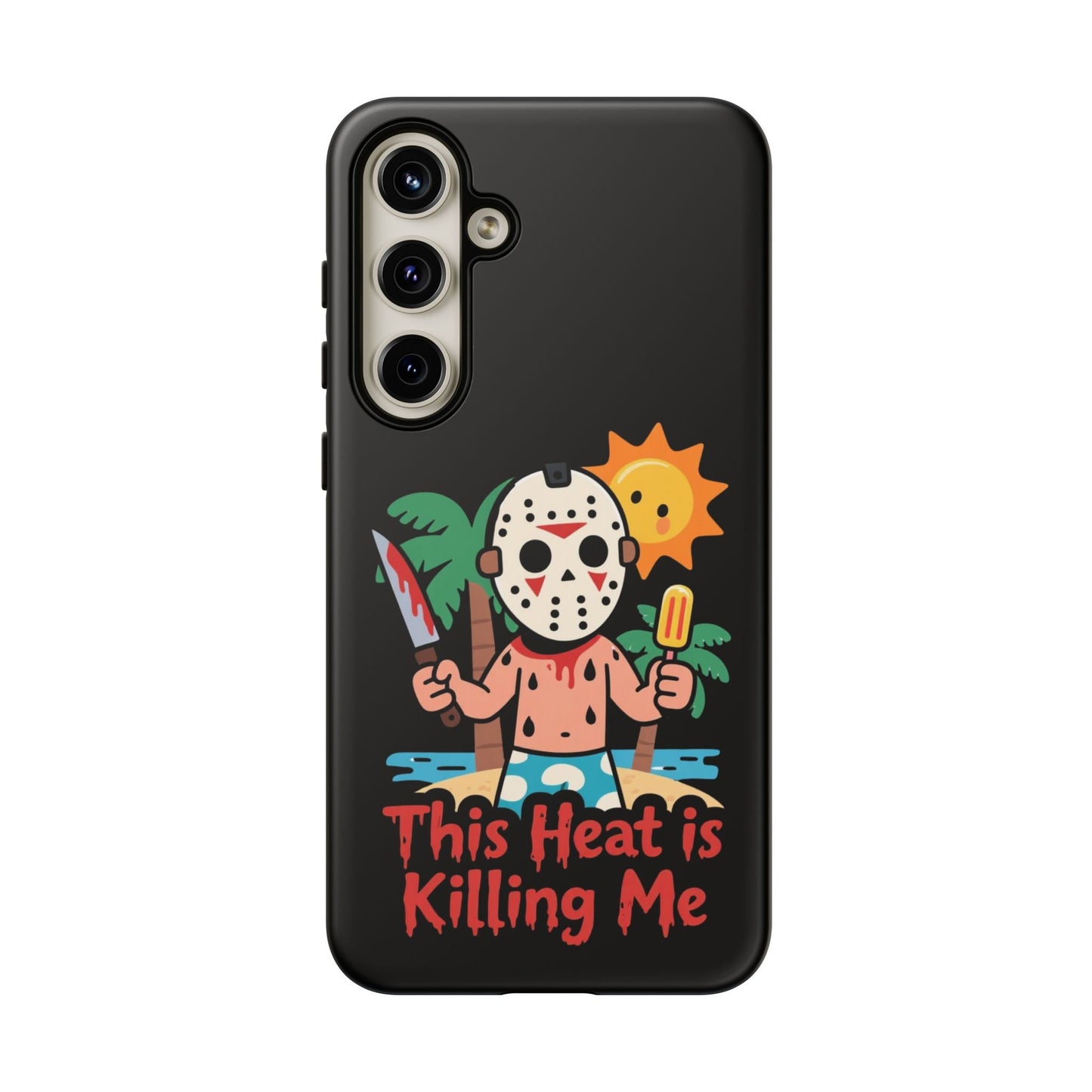 Samsung phone case with "This Heat is Killing Me" Summerween design featuring a cartoon character in a mask holding a knife and popsicle under a sun and palm trees