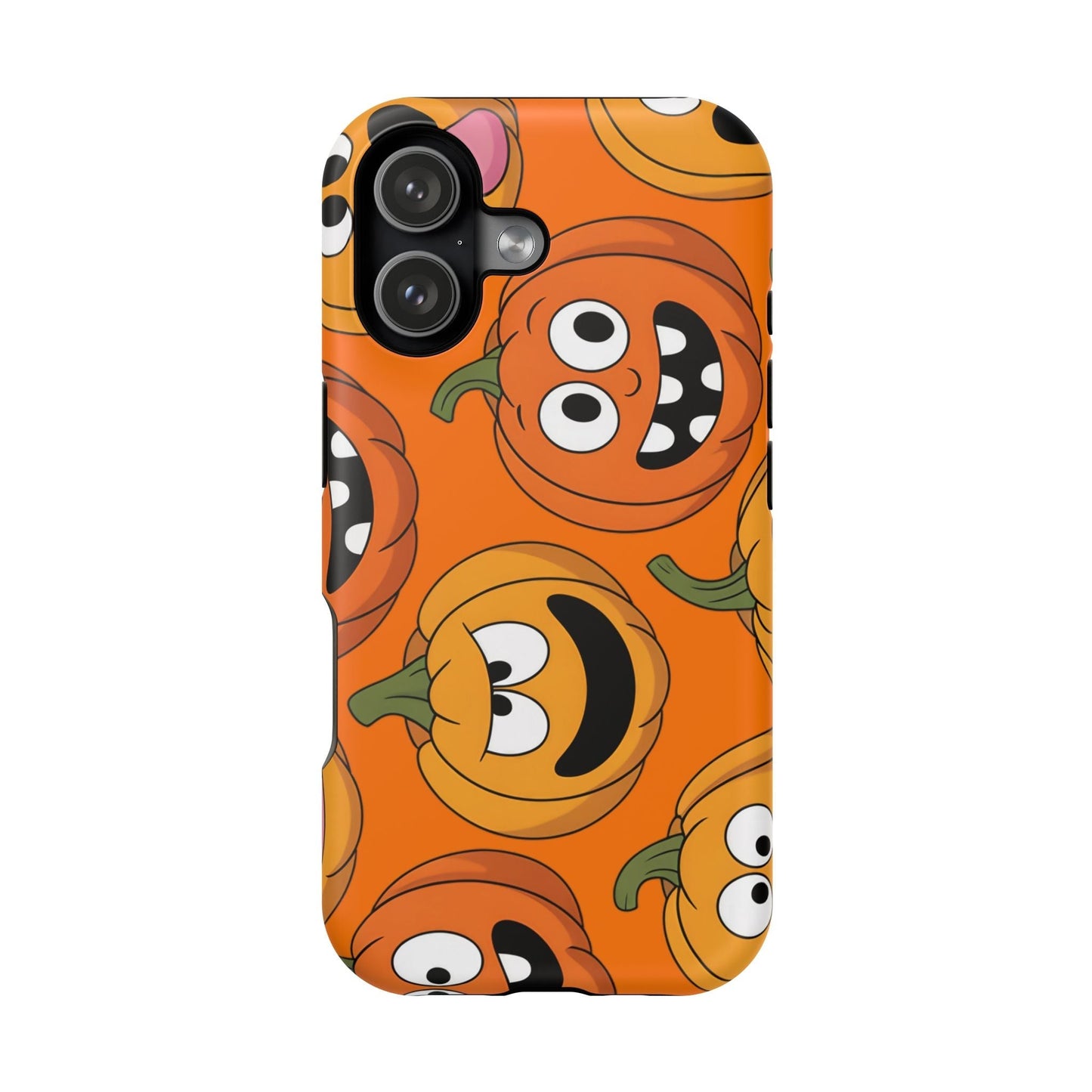 iPhone case with moody pumpkins design in vibrant orange and black colors, durable polycarbonate protection for Halloween fans