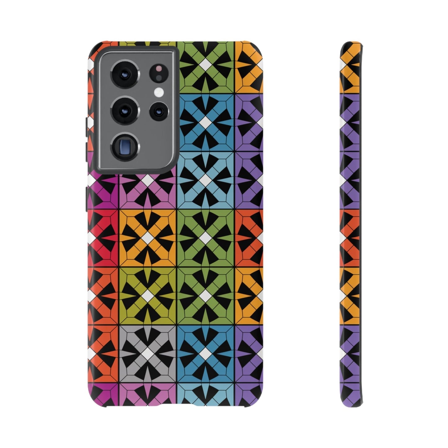 Samsung Galaxy case with durable shockproof protection featuring a vibrant rainbow abstract design pattern.