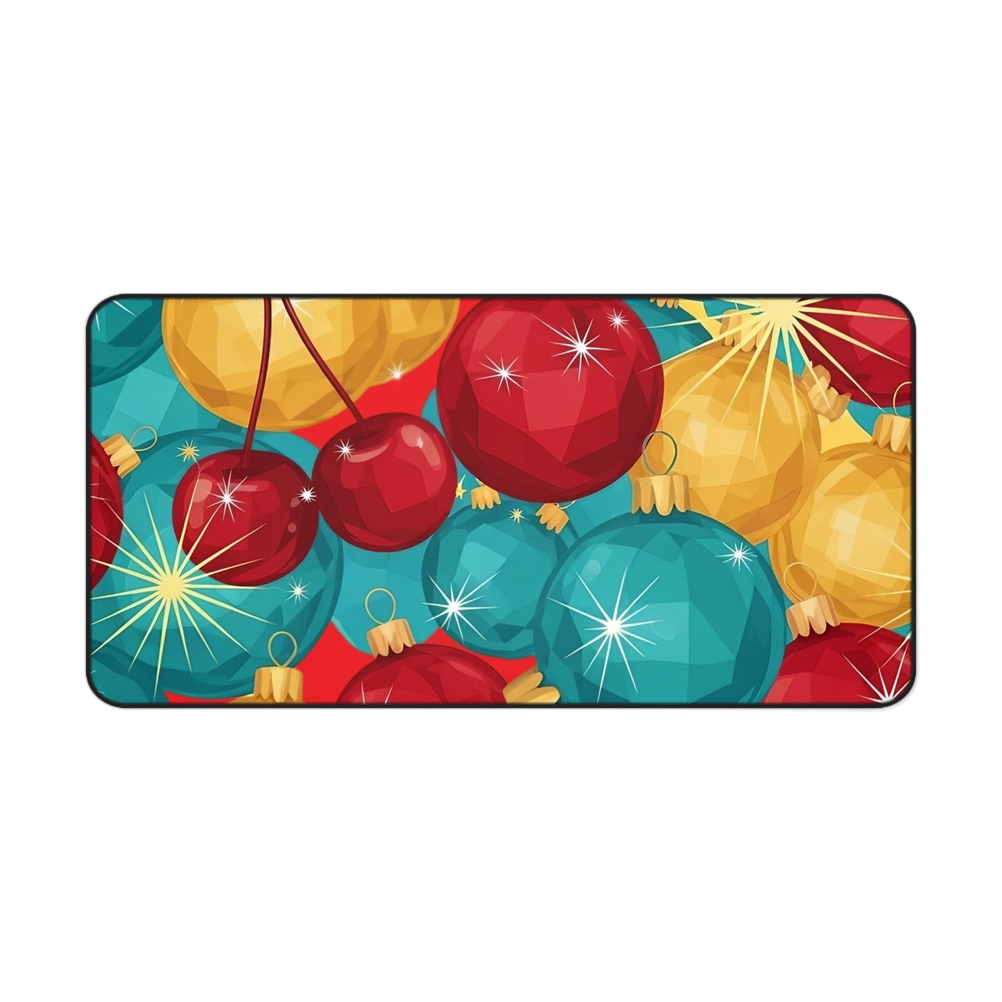 Holiday-themed desk mat with vibrant red, yellow, and blue Christmas bulb design and non-slip backing.