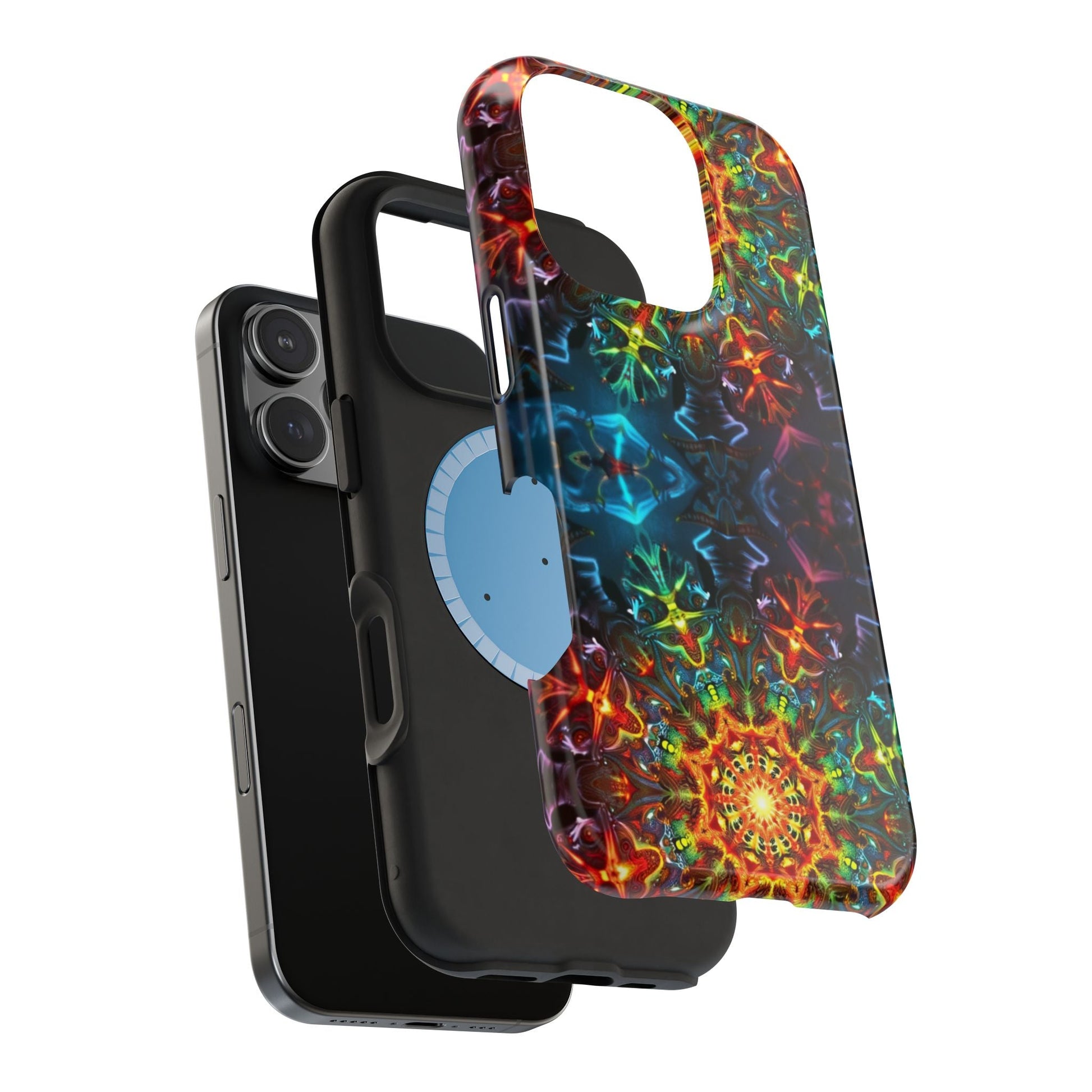 Colorful abstract kaleidoscope design iPhone case with dual-layer protection and MagSafe compatibility