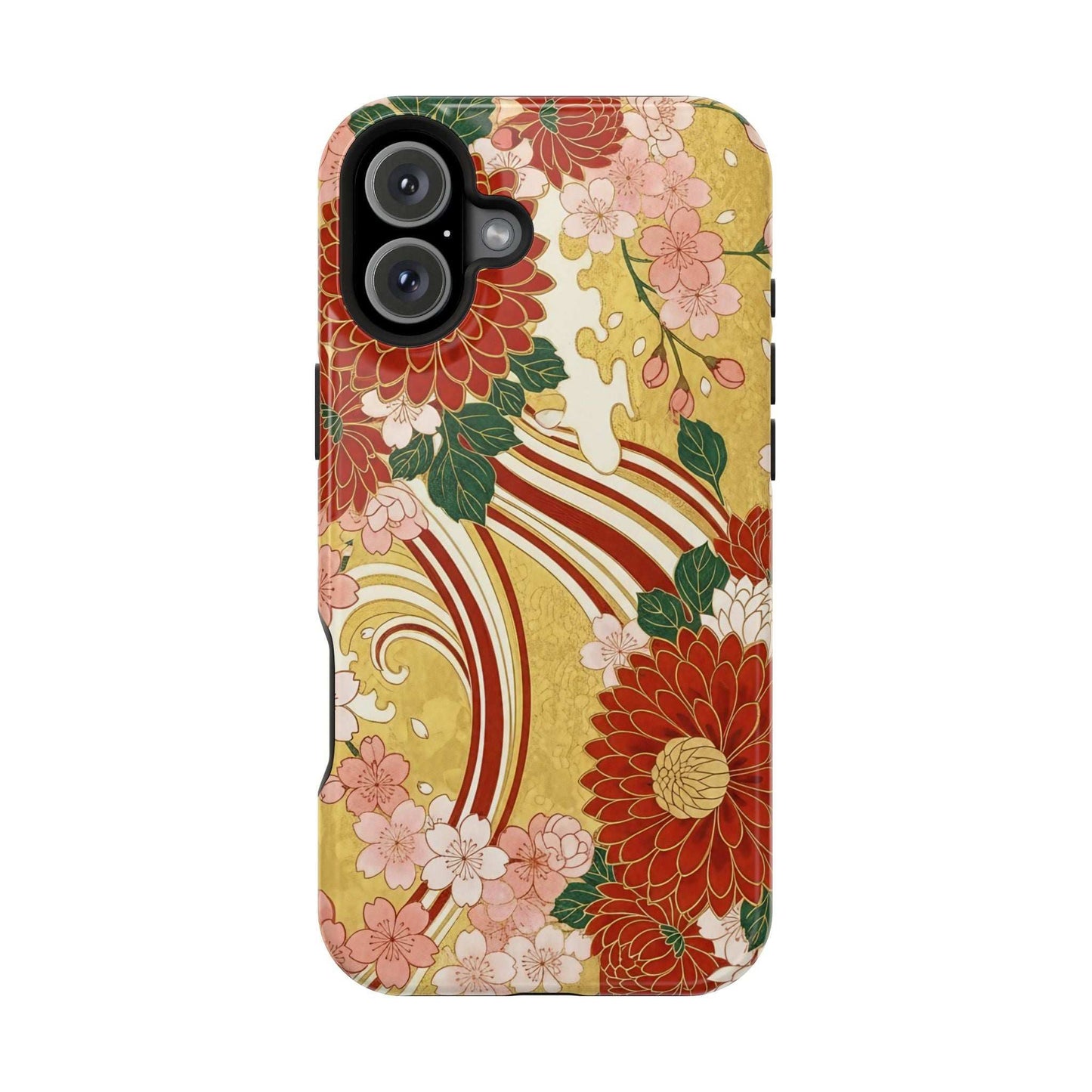 iPhone case with Japanese chrysanthemum and cherry blossom floral design, impact-resistant and MagSafe compatible