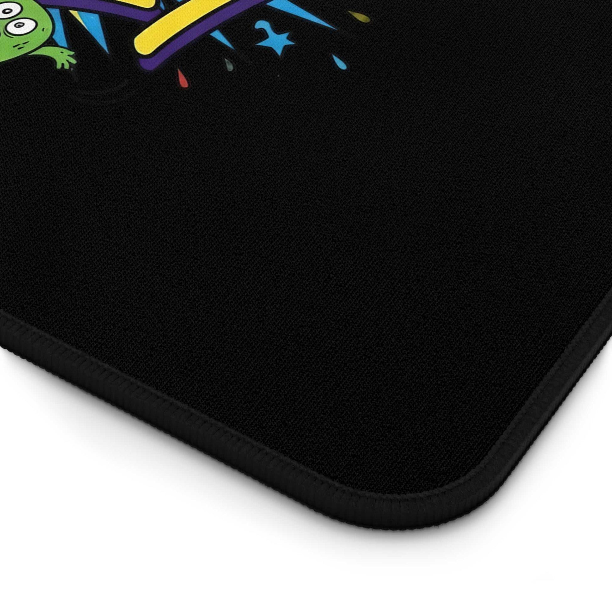 black desk pad with bold colorful humorous text and hemmed edges for office use