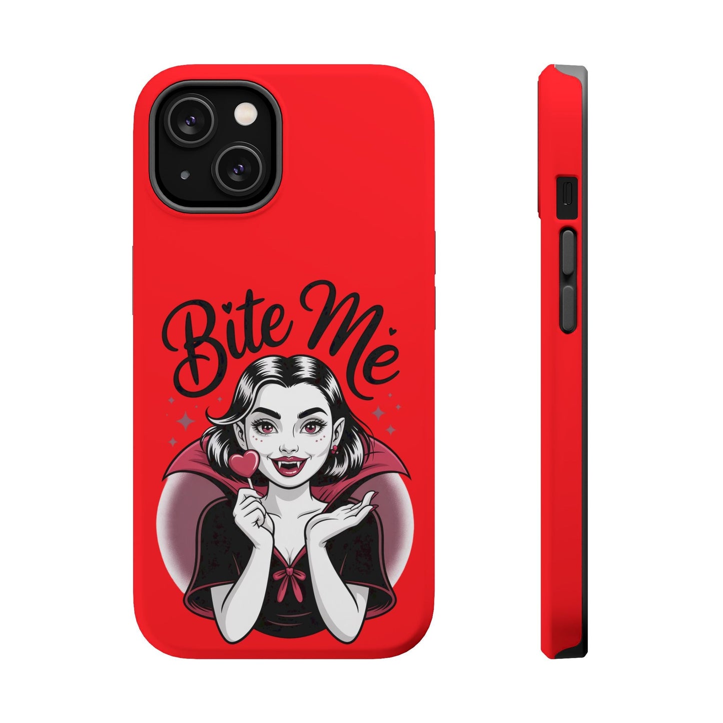 Red Halloween Vampire iPhone tough case with "Bite Me" text and vampire girl illustration, durable polycarbonate and TPU, MagSafe compatible.