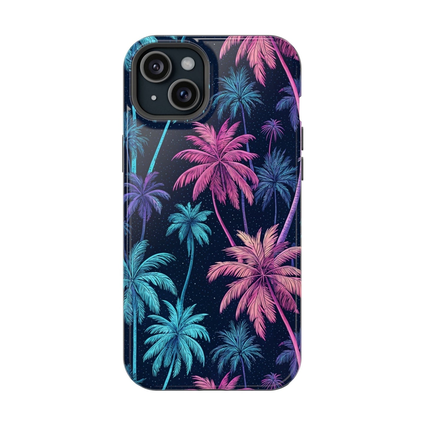 iPhone case with vibrant neon pink and blue palm trees design and MagSafe compatibility
