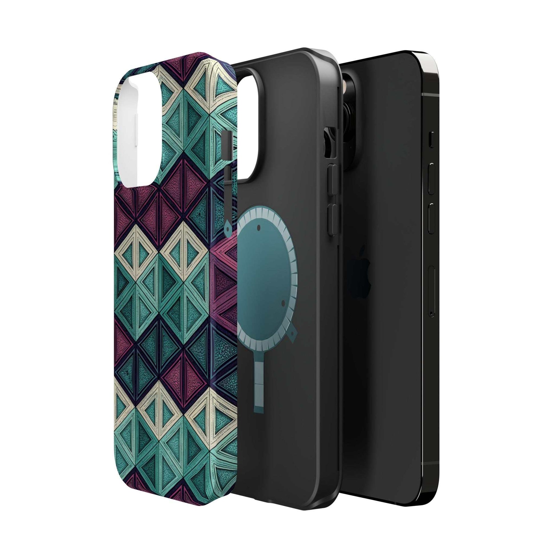 Purple and Teal Abstract geometric pattern magnetic iPhone tough case with MagSafe compatible dual-layer protection