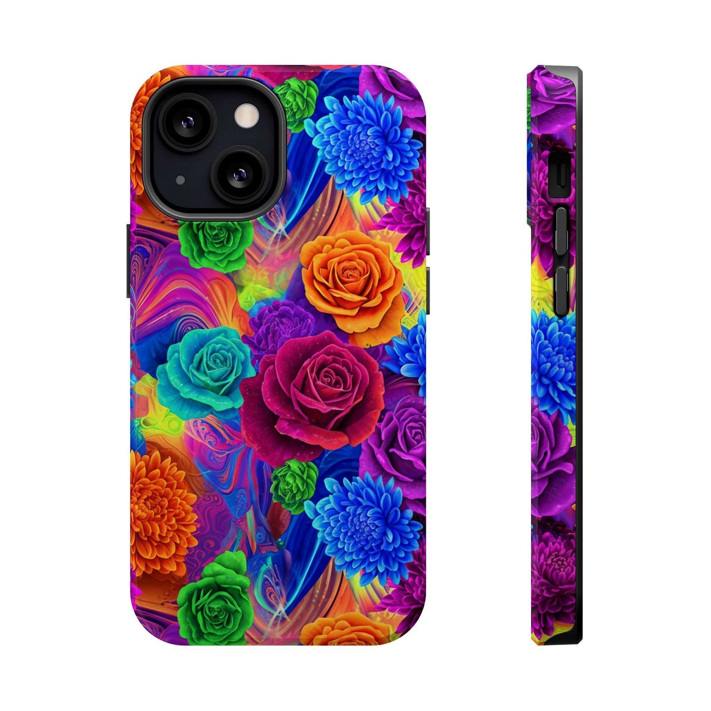 Colorful floral iPhone tough case with vibrant roses, shock-absorbent TPU layer, and MagSafe compatibility.