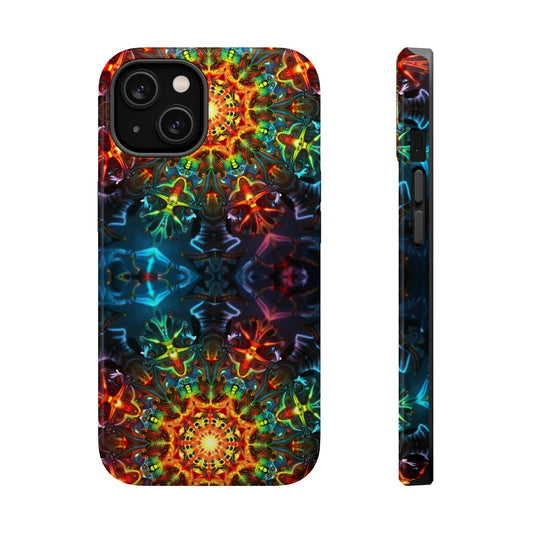 Colorful abstract kaleidoscope design iPhone case with dual-layer protection and MagSafe compatibility