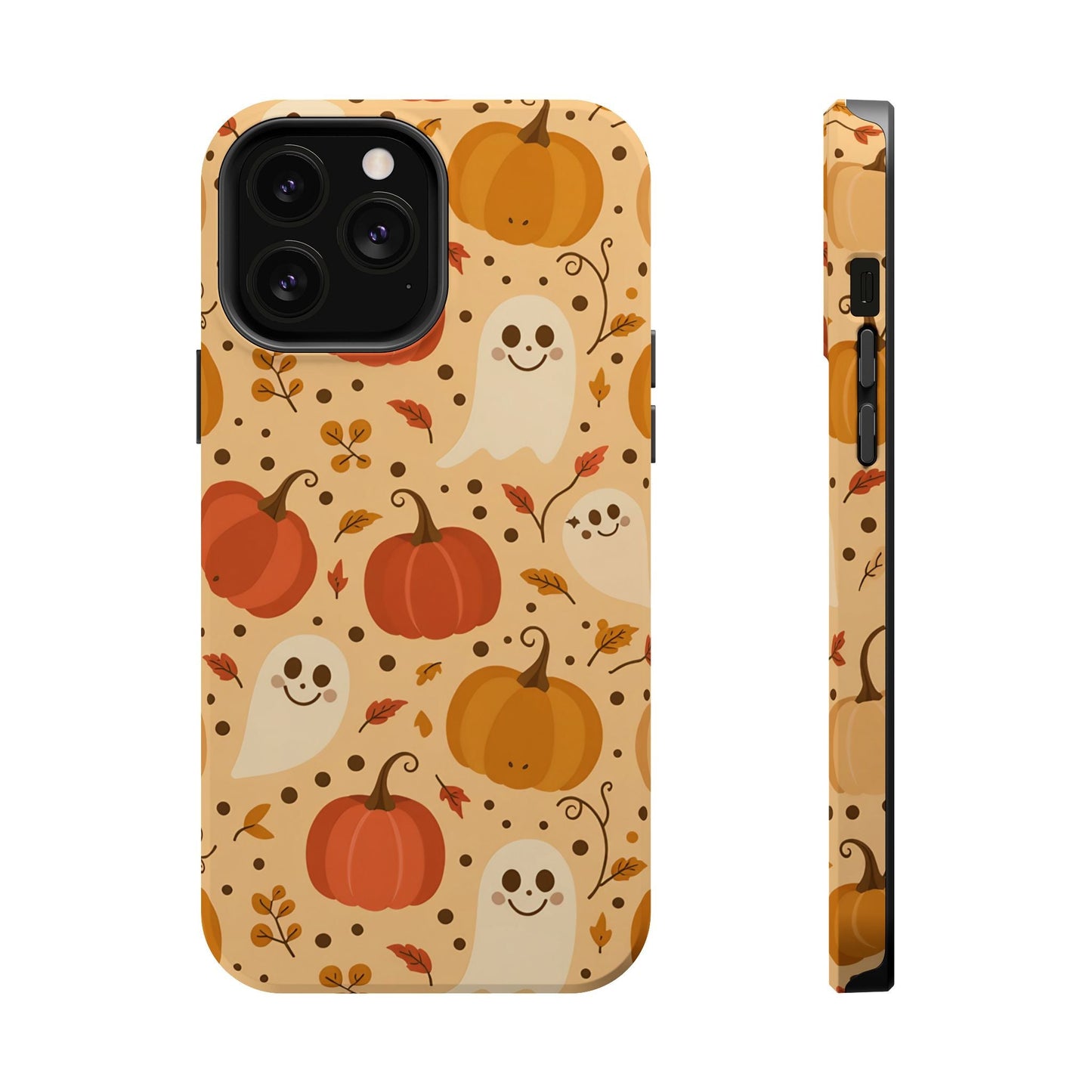 Spooky Pumpkins Halloween iPhone case with ghost and pumpkin design, durable phone cover with MagSafe compatibility