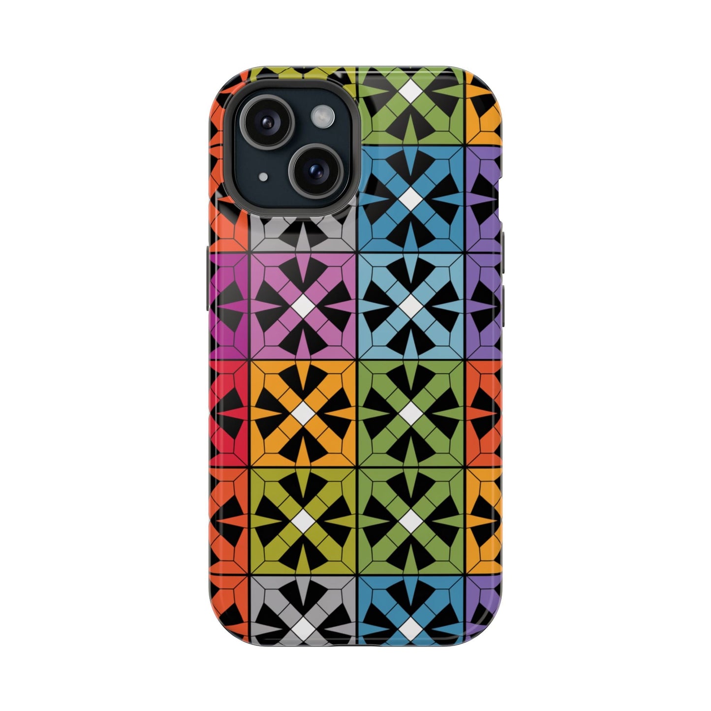 Rainbow Squares iPhone Tough Case with colorful geometric pattern, durable dual-layer protection, and MagSafe compatibility for iPhone 14, 15, and 16 models.
