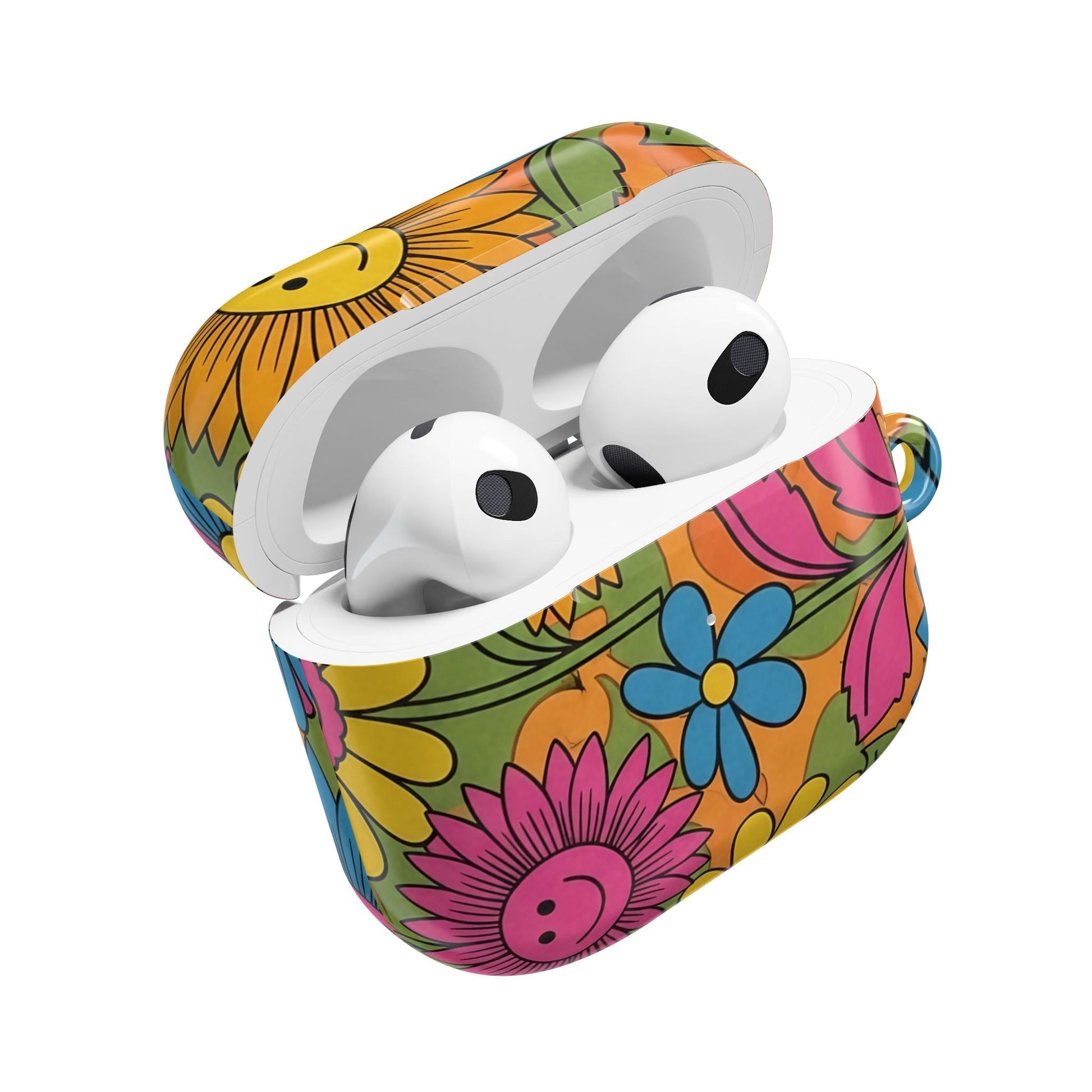 Flower Power AirPod Case with colorful floral design and white AirPods inside