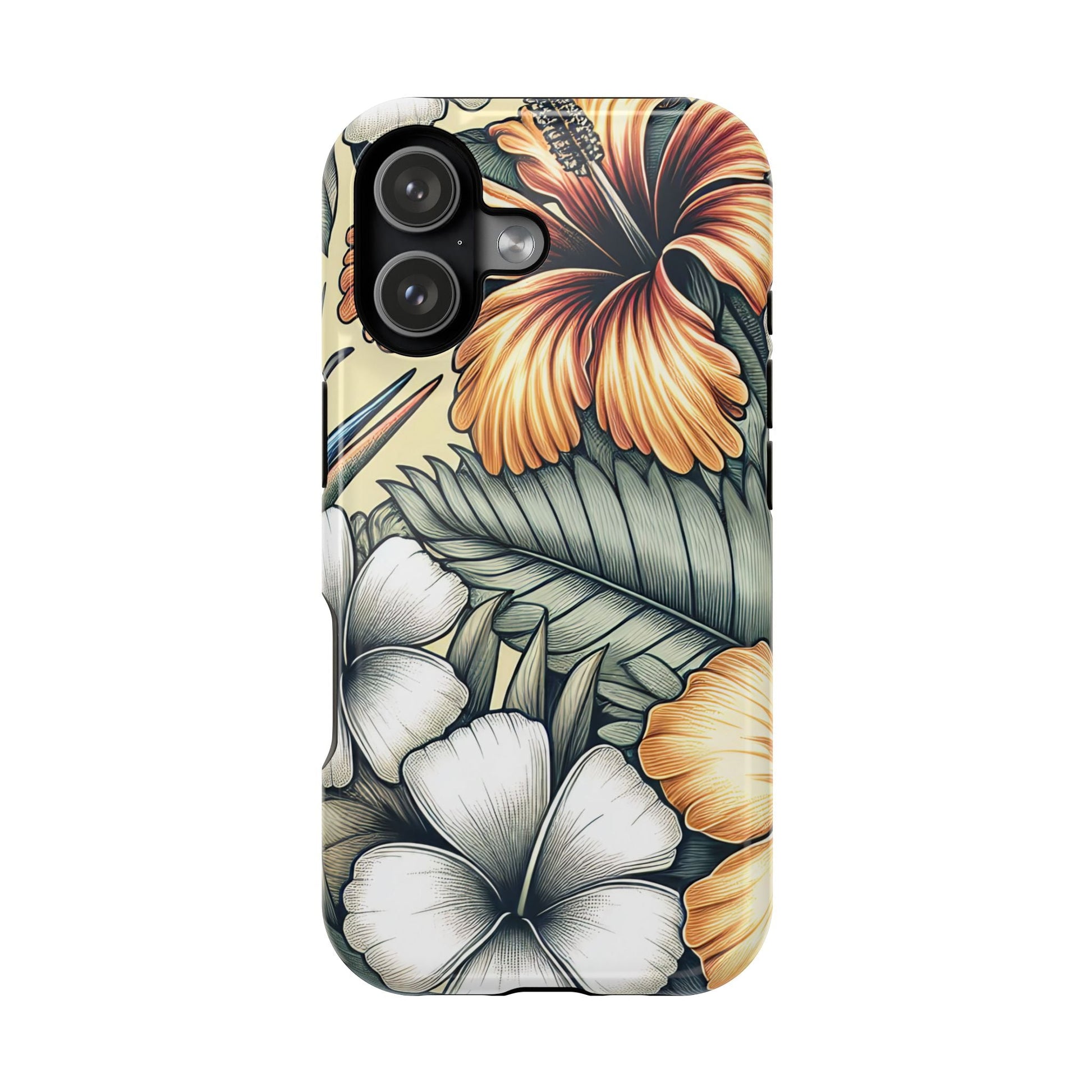 Golden Tropical Floral iPhone tough case with durable dual-layer protection and MagSafe compatibility