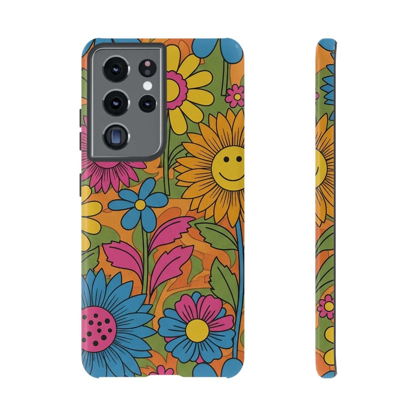 Samsung Phone Case with colorful retro flower design and impact-resistant protection