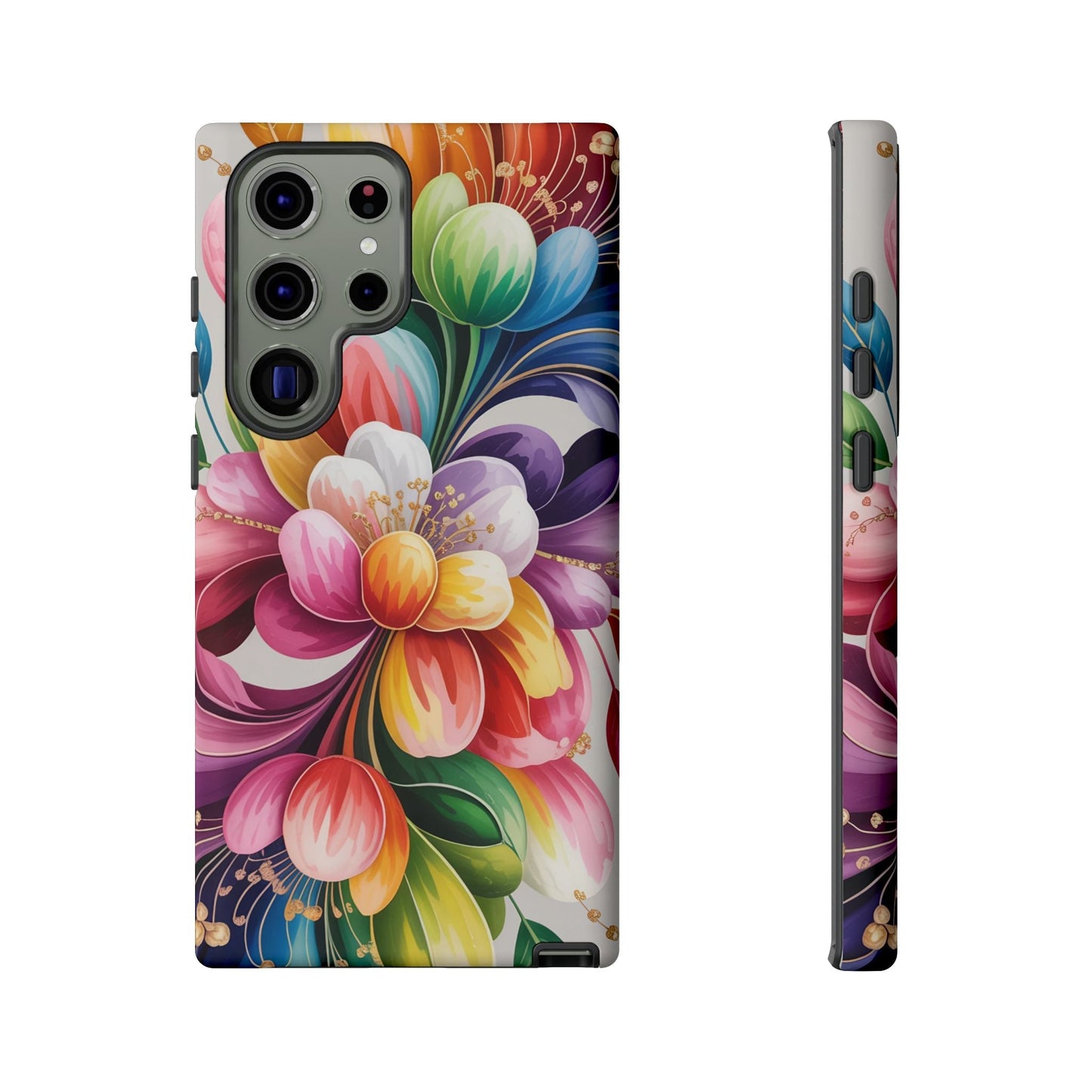 Vibrant floral Samsung case with colorful flower design, durable impact-resistant protection, and wireless charging support