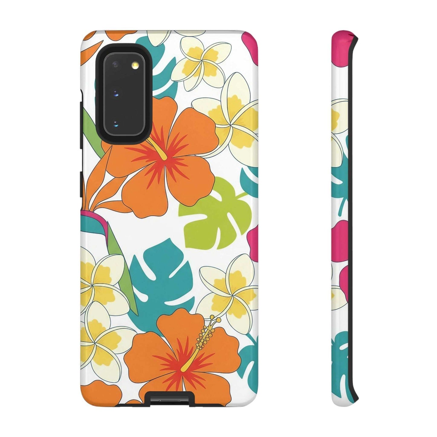 Orange floral Samsung case with vibrant tropical flower design and protective durable cover