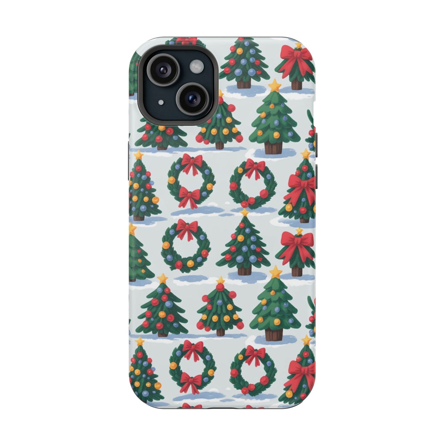 iPhone case featuring festive holiday tree and wreath pattern with red bows and Christmas decorations