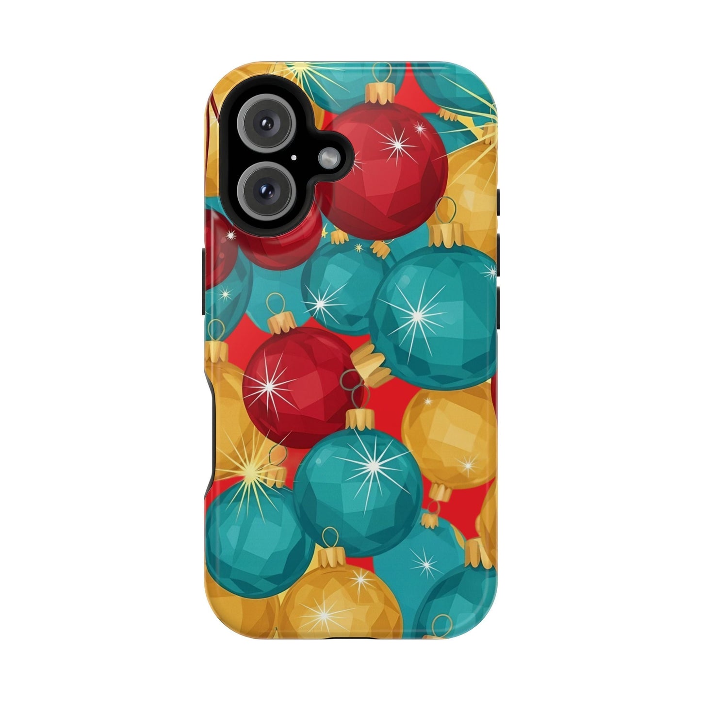 iPhone case with colorful Christmas Tree Sparkle Bulbs design in red, blue, and gold, MagSafe compatible, durable dual-layer protection