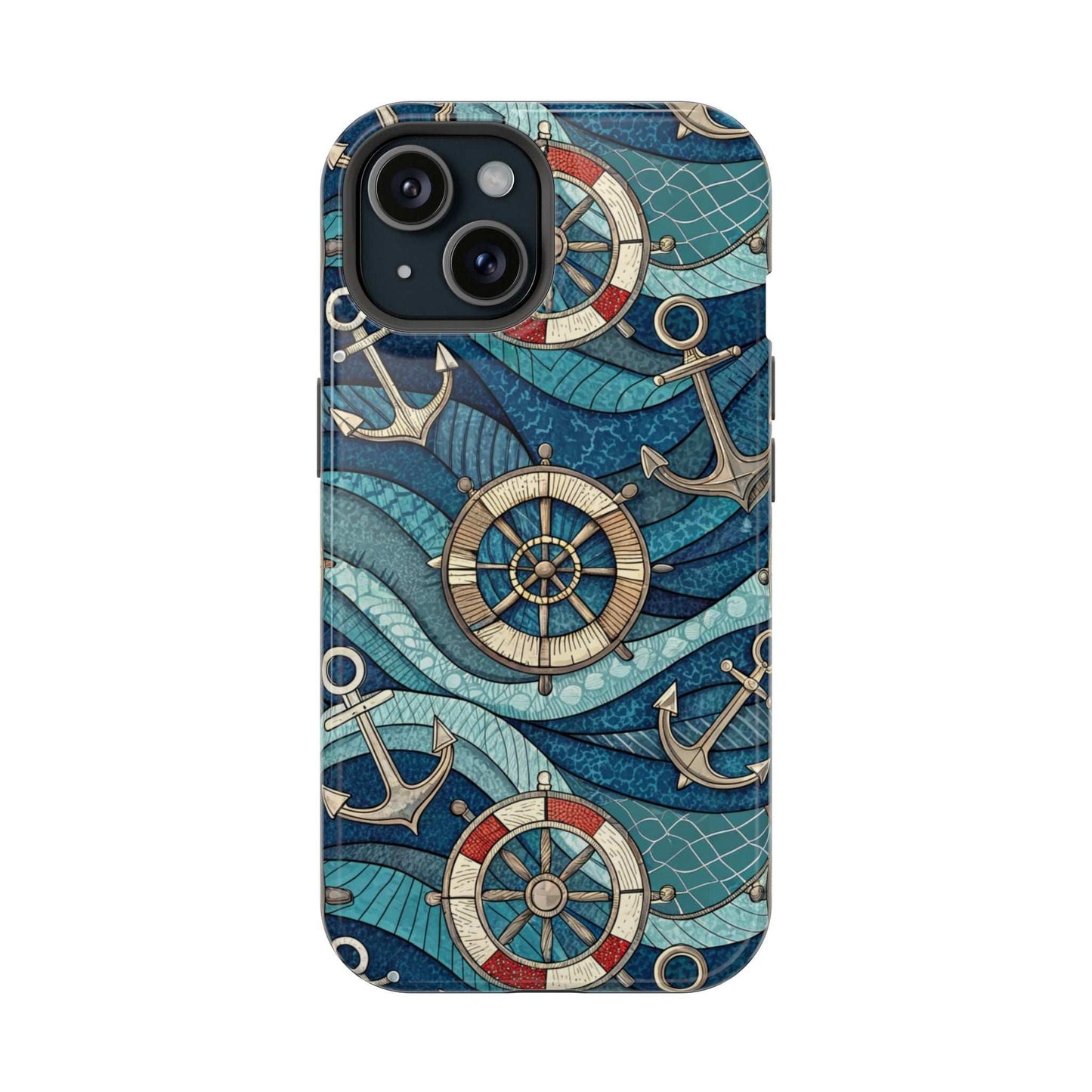 Durable iPhone case with nautical wheels and anchors pattern in coastal blue tones