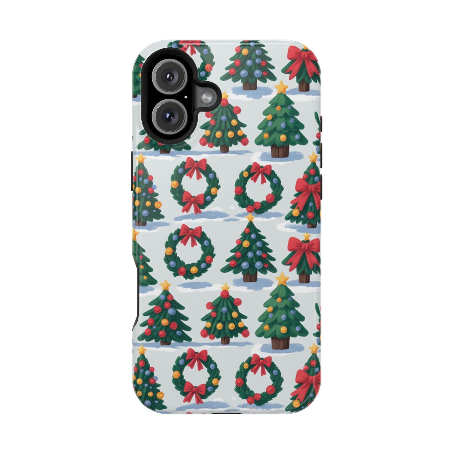 iPhone case with festive holiday tree and wreath pattern for Christmas celebration