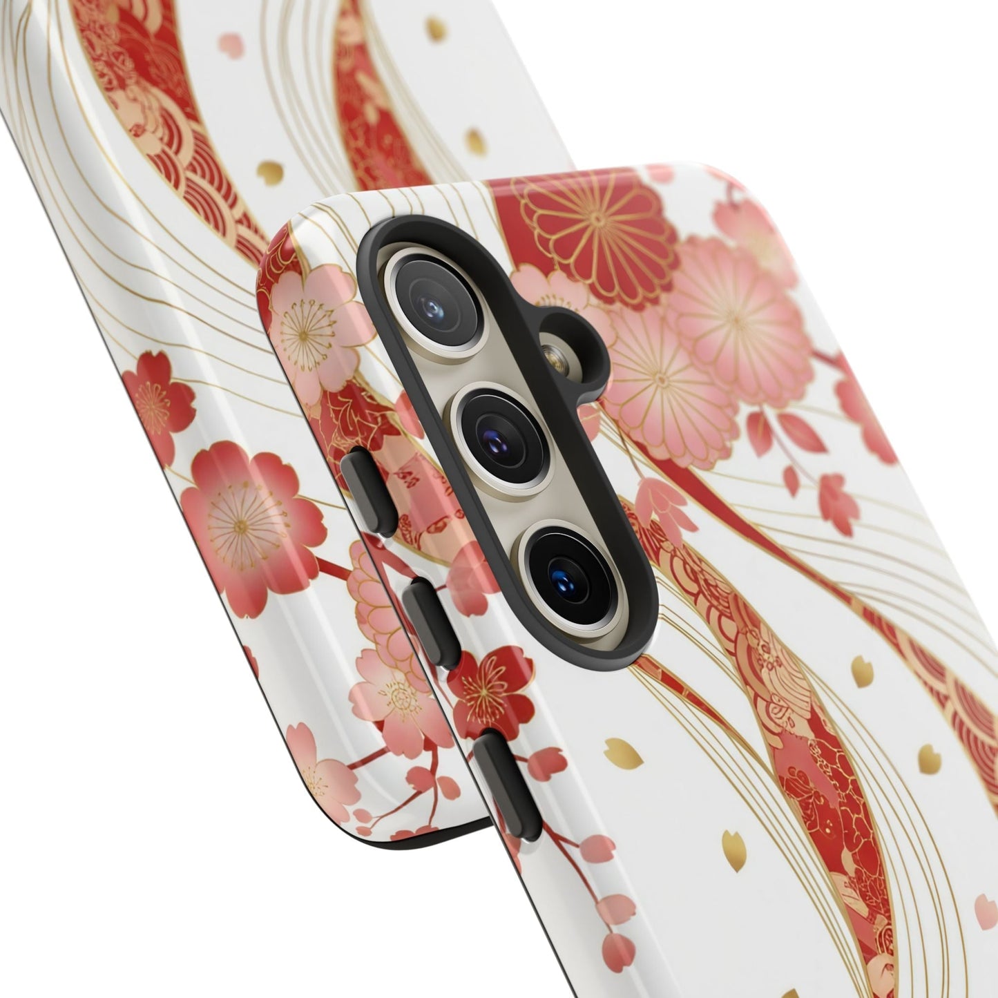 Samsung phone case with red and golden floral design, slim and protective with 3D wrap and impact-resistant material