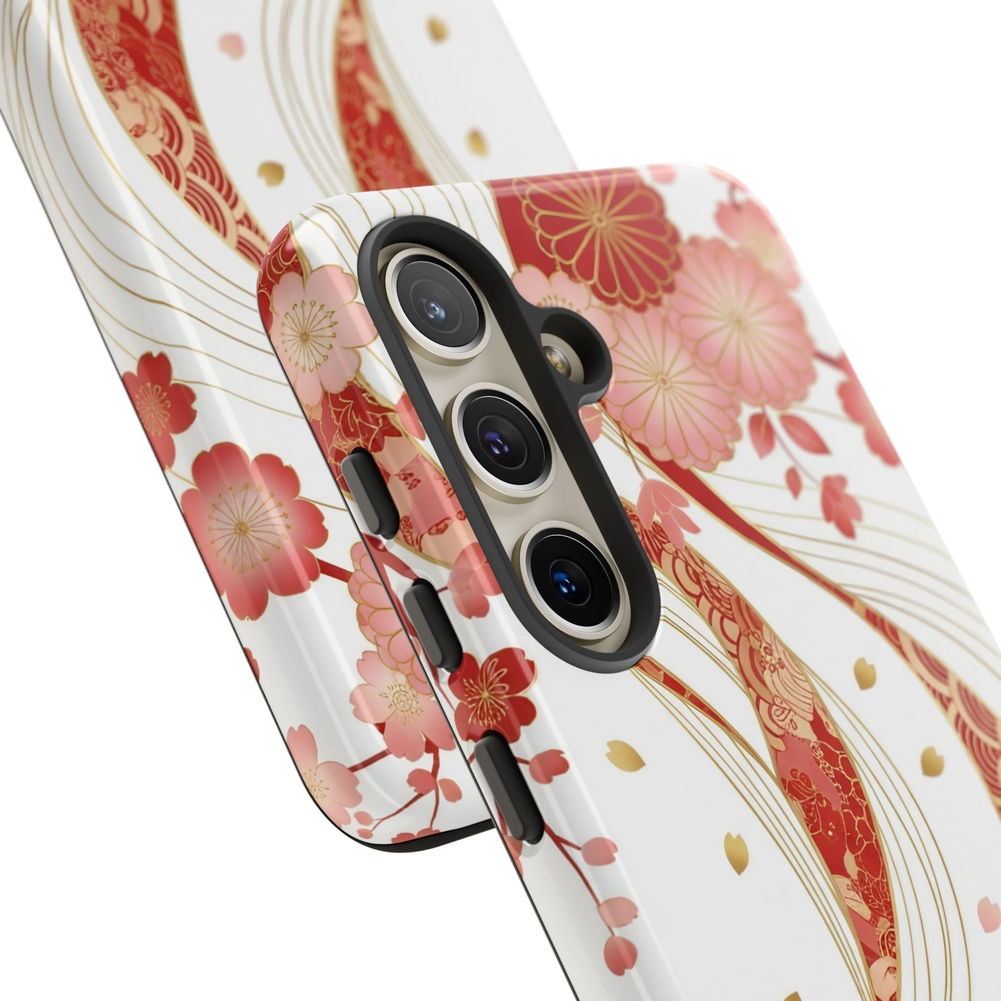 Samsung phone case with red and golden floral design, slim and protective with 3D wrap and impact-resistant material