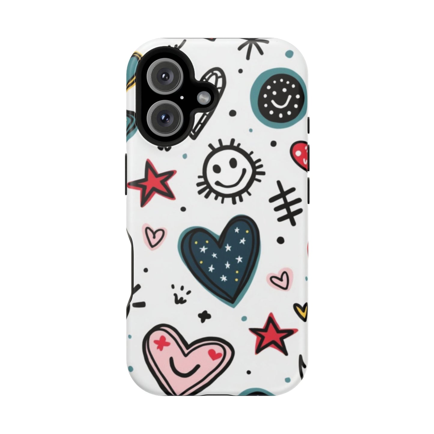 iPhone tough case with playful cartoon hearts and smiles design, durable protective cover with glossy or matte finish and MagSafe compatibility