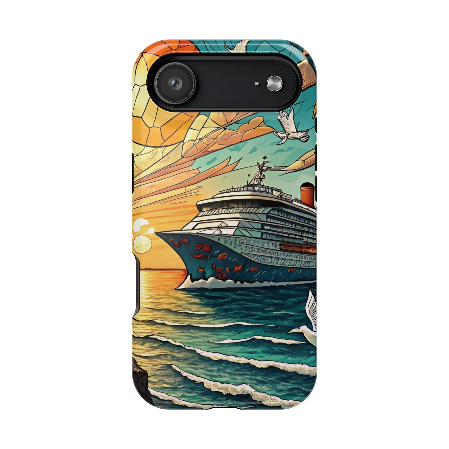 Cruise Vacation iPhone tough case with ocean cruise ship design, dual-layer protection, and MagSafe support