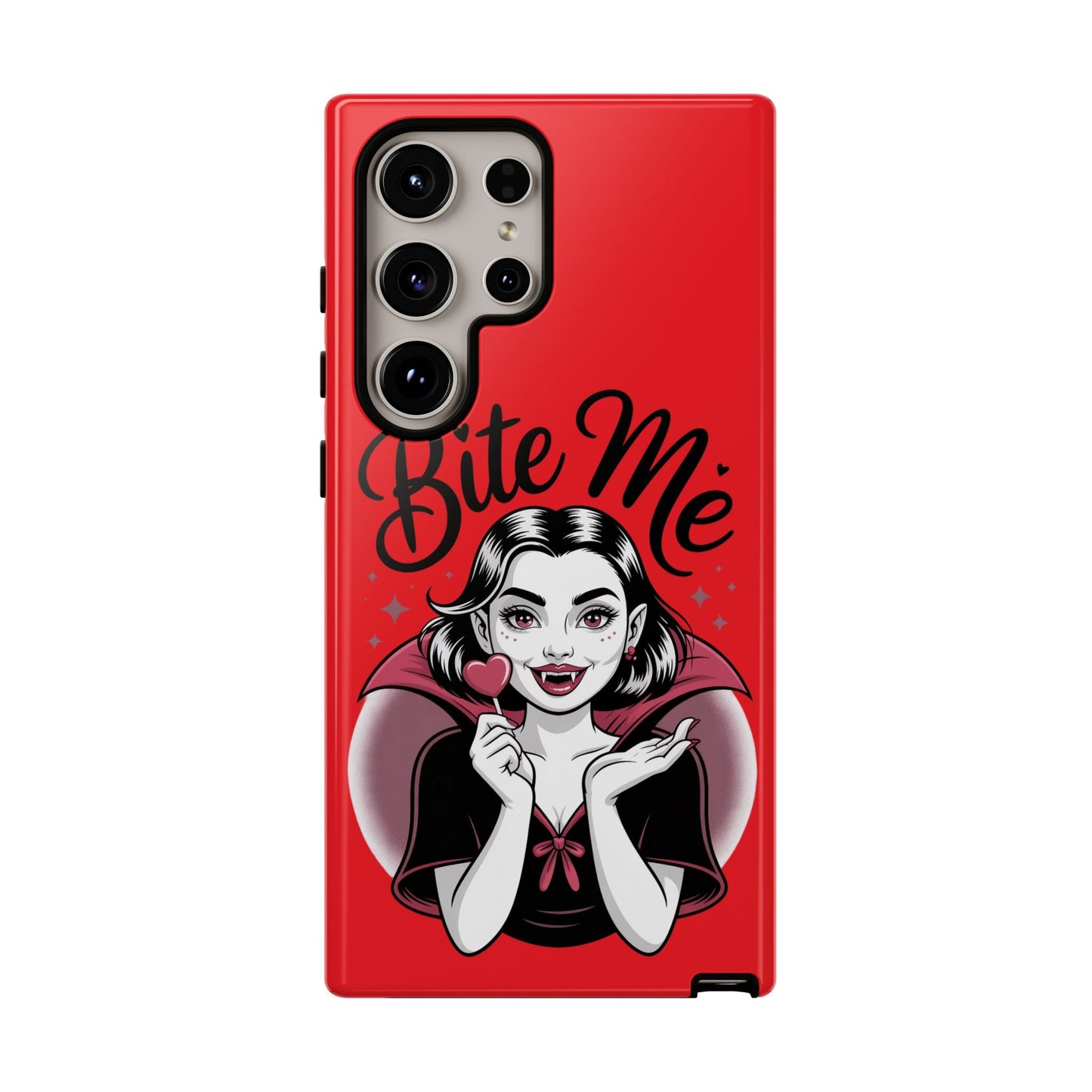 Red Samsung phone case with a cartoon vampire girl holding a heart lollipop and "Bite Me" text design