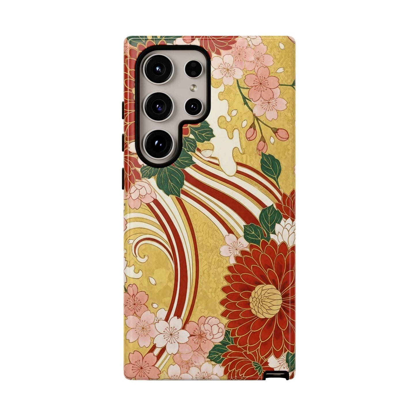Samsung Case with Japanese floral gold chrysanthemum design, durable and impact-resistant phone cover with silicone liner