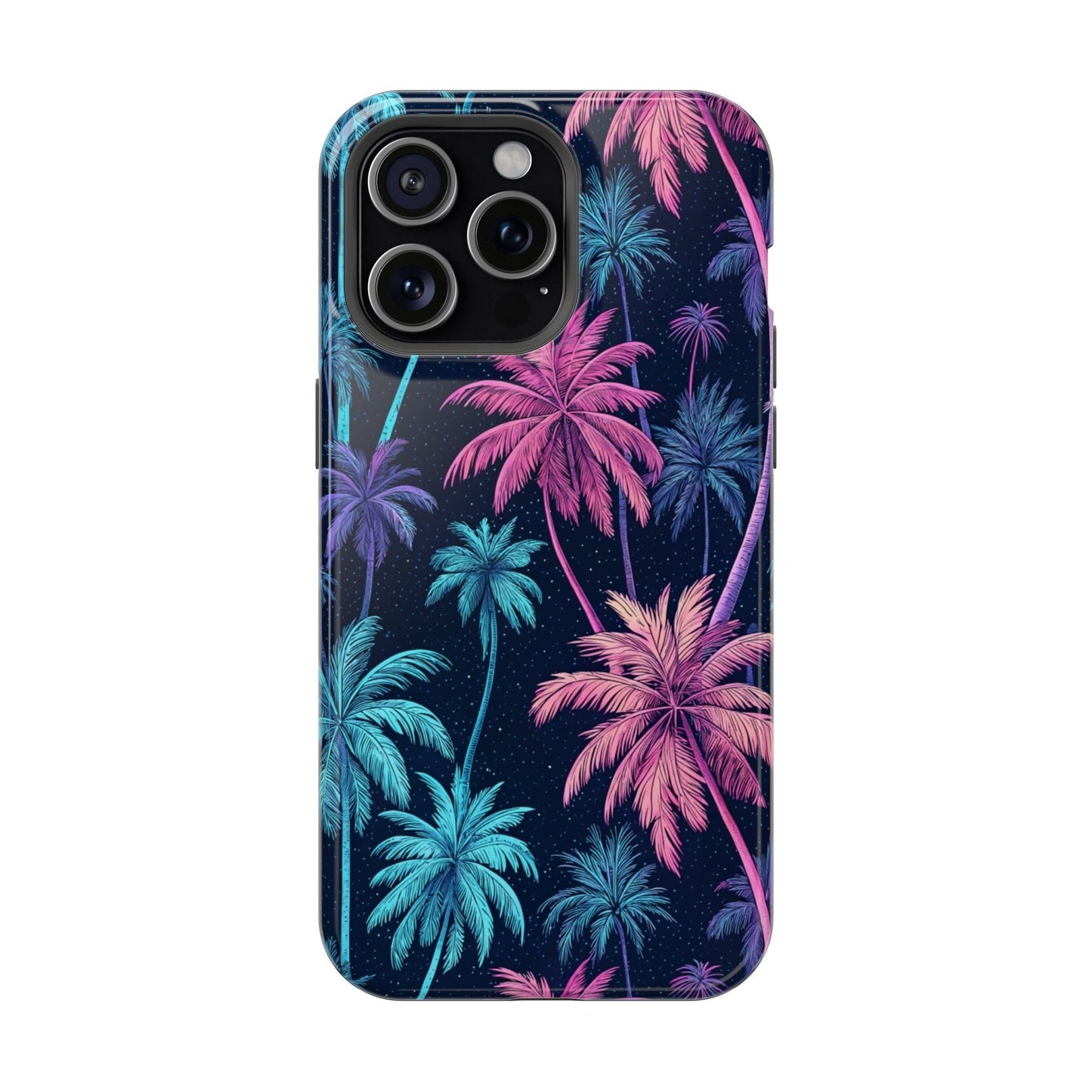 iPhone case with neon pink and blue palm trees design and MagSafe compatibility