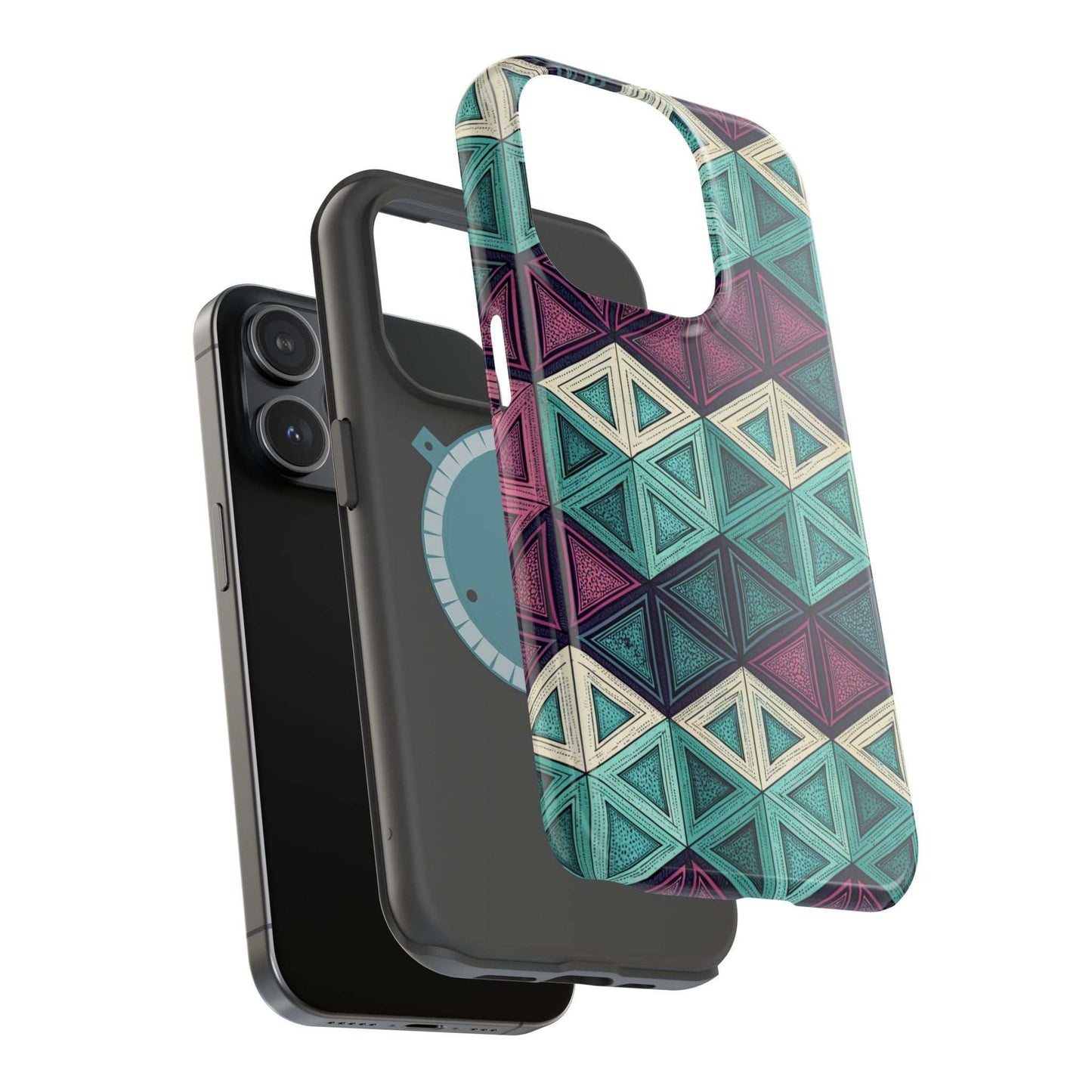 Purple and Teal Abstract geometric patterned magnetic iPhone tough case with MagSafe compatibility