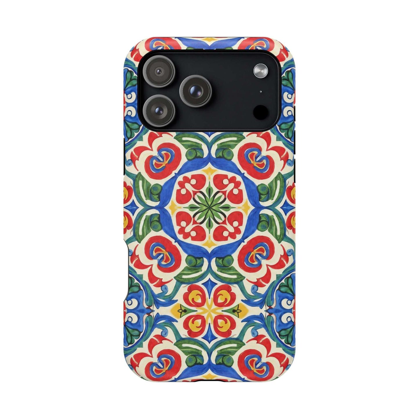 Mediterranean iPhone case with hand-painted Spanish ceramic folk tile pattern in vibrant blues, terracotta, and cream colors, impact-resistant and MagSafe compatible.