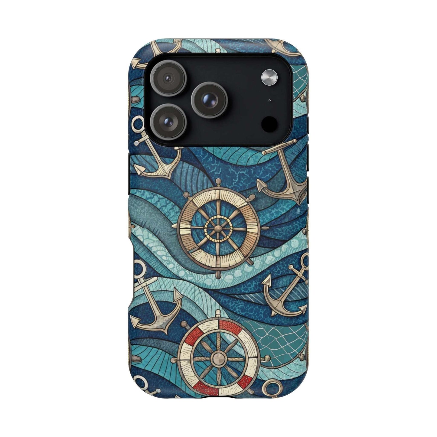 Nautical Theme iPhone Case with anchors and ship wheels in blue ocean wave design for iPhone 13 to 16 series