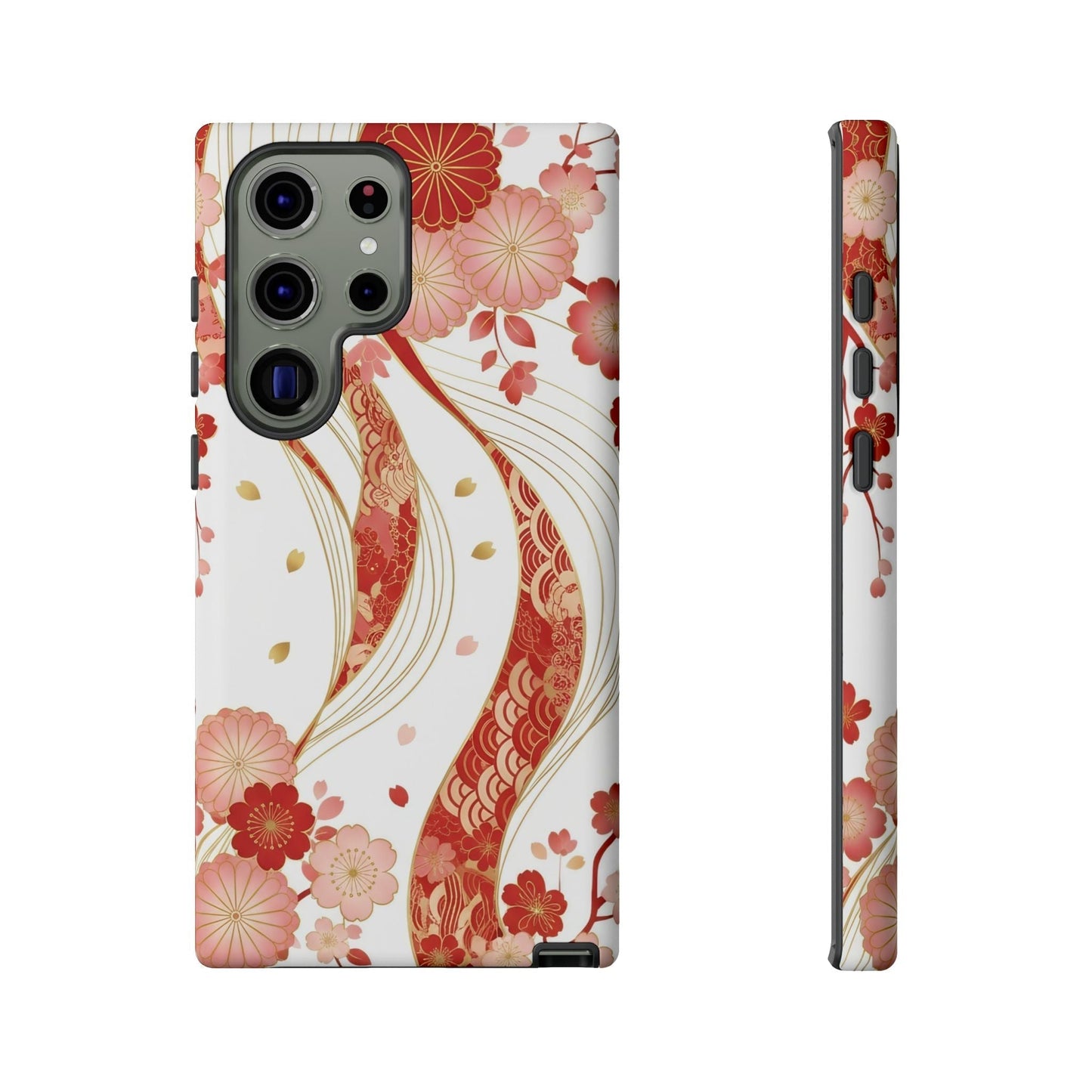 Elegant Samsung phone case with red and golden floral 3D wrap design, impact-resistant and slim for wireless charging.