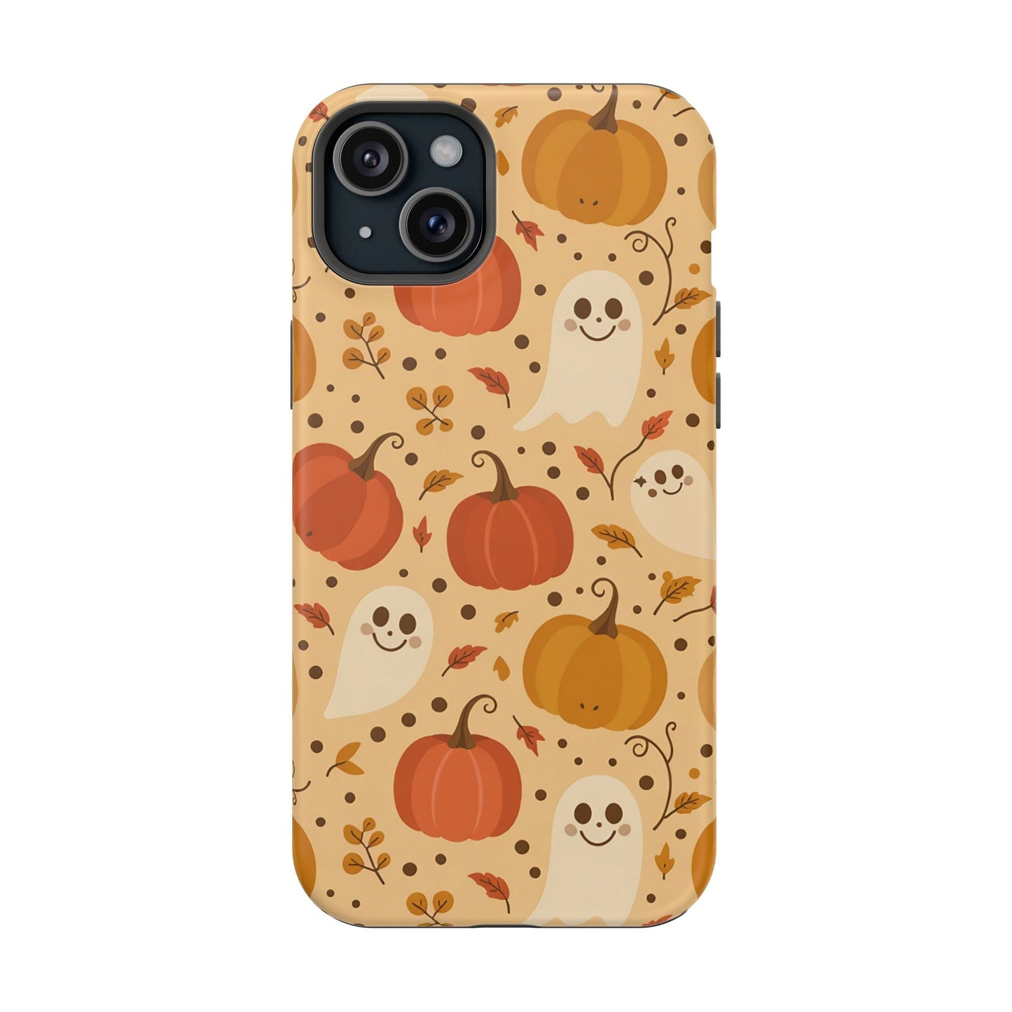Spooky Pumpkins iPhone case with Halloween ghosts and pumpkins design, durable protective cover with MagSafe compatibility
