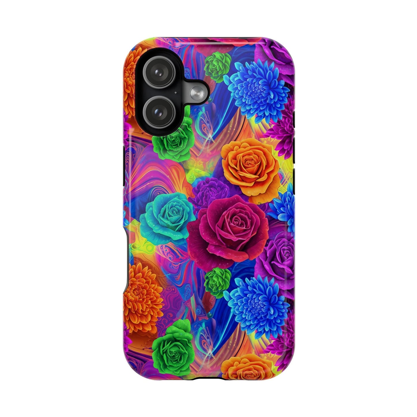 iPhone tough case with vibrant seamless floral pattern and impact-resistant dual-layer design