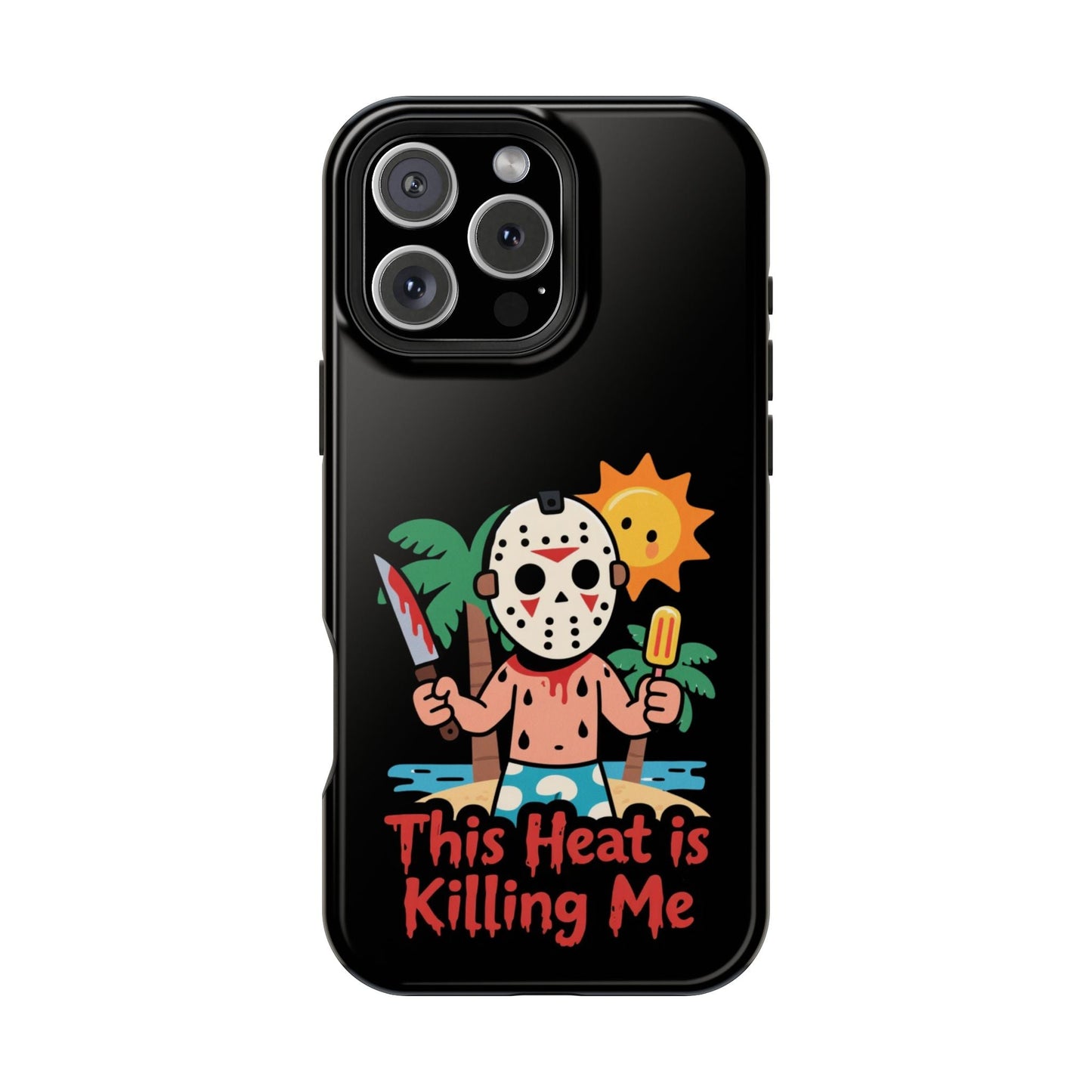 Summerween inspired phone case with funny "This Heat is Killing Me" design, durable protective MagSafe compatible tough case for iPhone