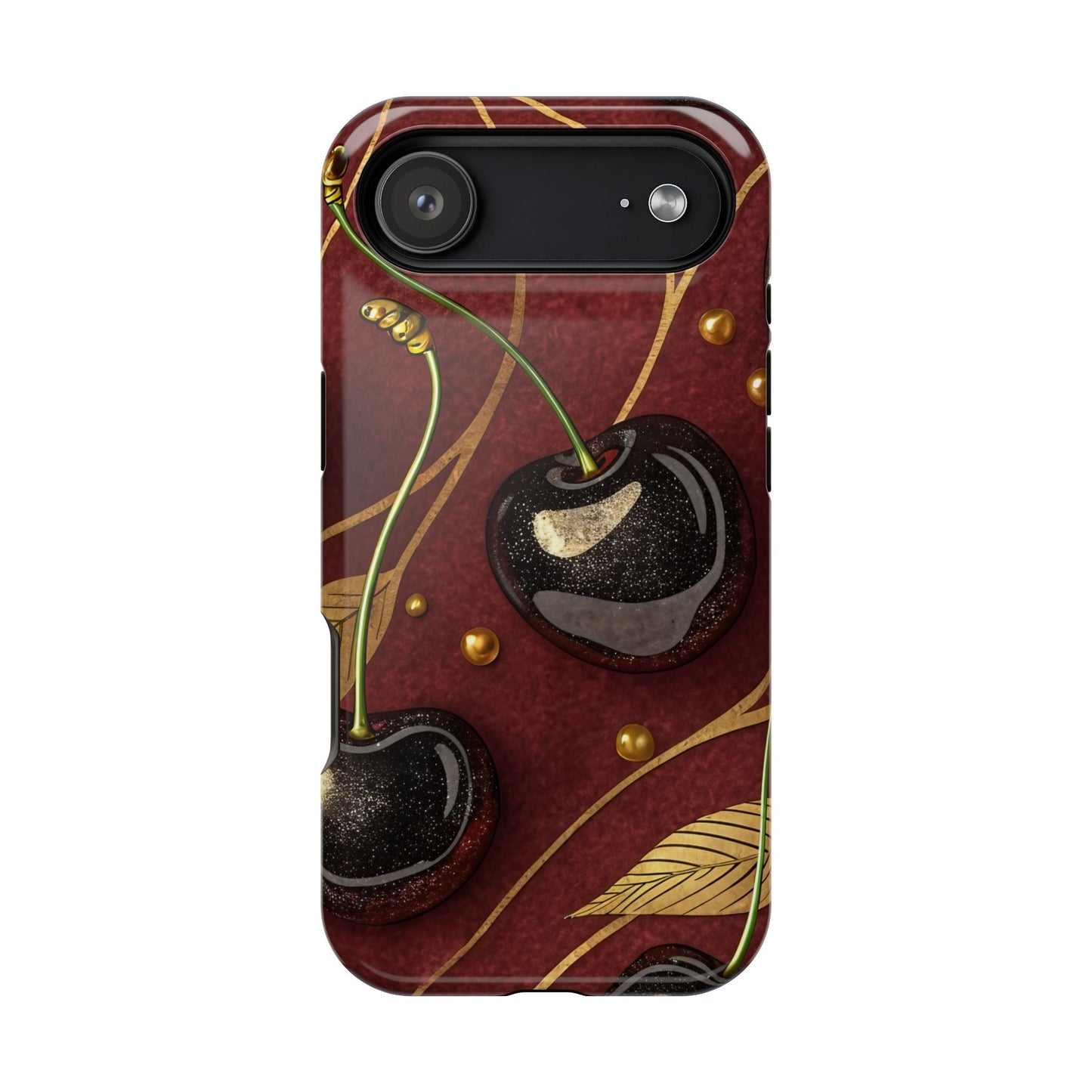 Golden Cherry iPhone Tough Case with bold cherry-gold design, durable dual-layer protection, and MagSafe compatibility.