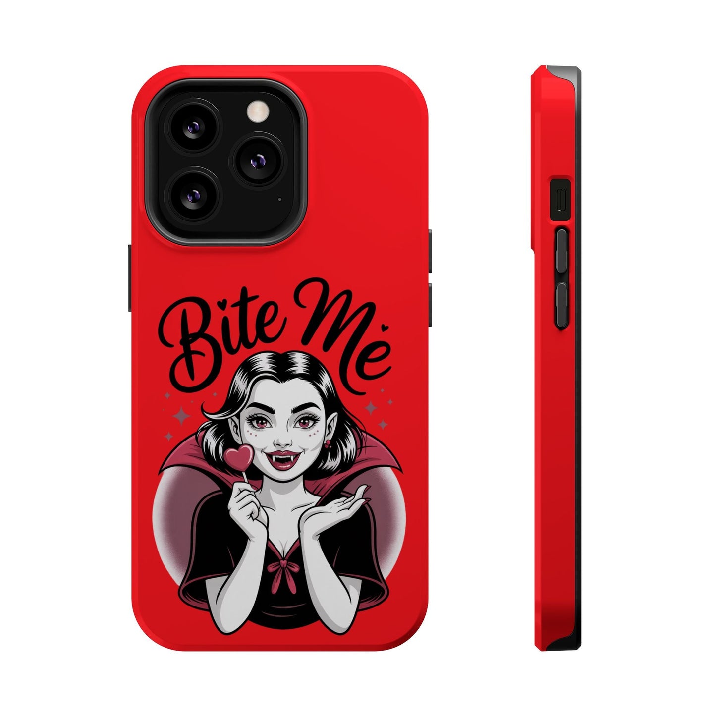 Red Halloween Vampire iPhone tough case with "Bite Me" text and vampire girl holding heart candy, MagSafe compatible.