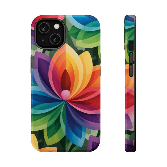 Rainbow Flower iPhone Case with vibrant multicolor floral design, magnetic MagSafe compatible, durable dual-layer protection, available in glossy or matte finish