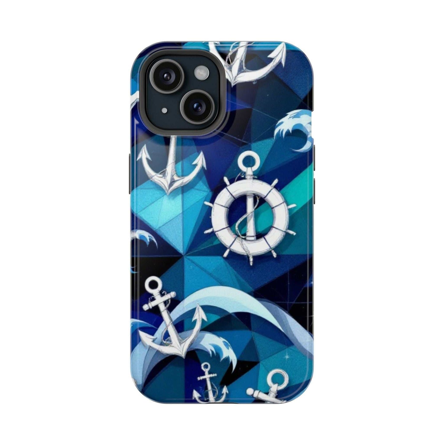 Nautical Anchors iPhone Case with maritime anchors design in blue tones, durable protective coastal-themed phone cover with MagSafe compatibility