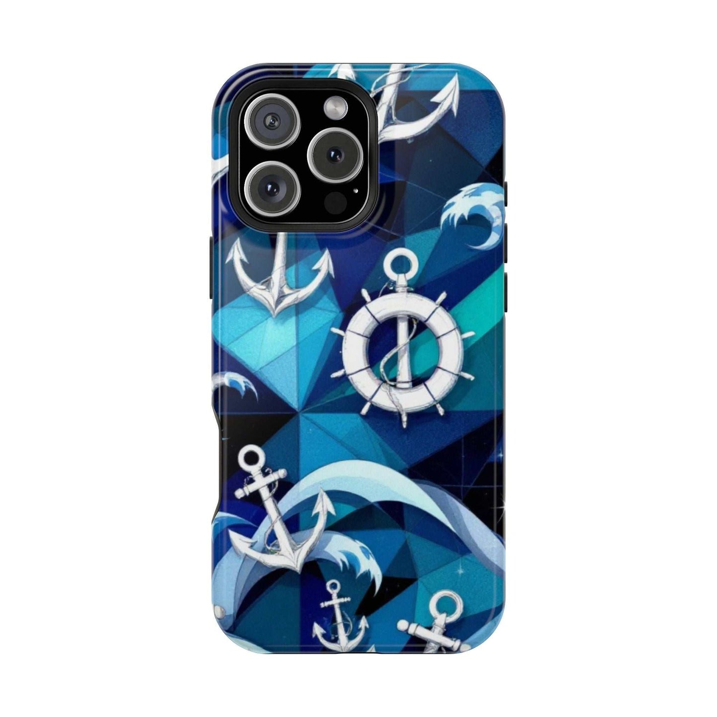 Nautical Anchors iPhone Case with maritime design, durable polycarbonate and TPU protection, MagSafe compatible, blue anchor pattern phone cover