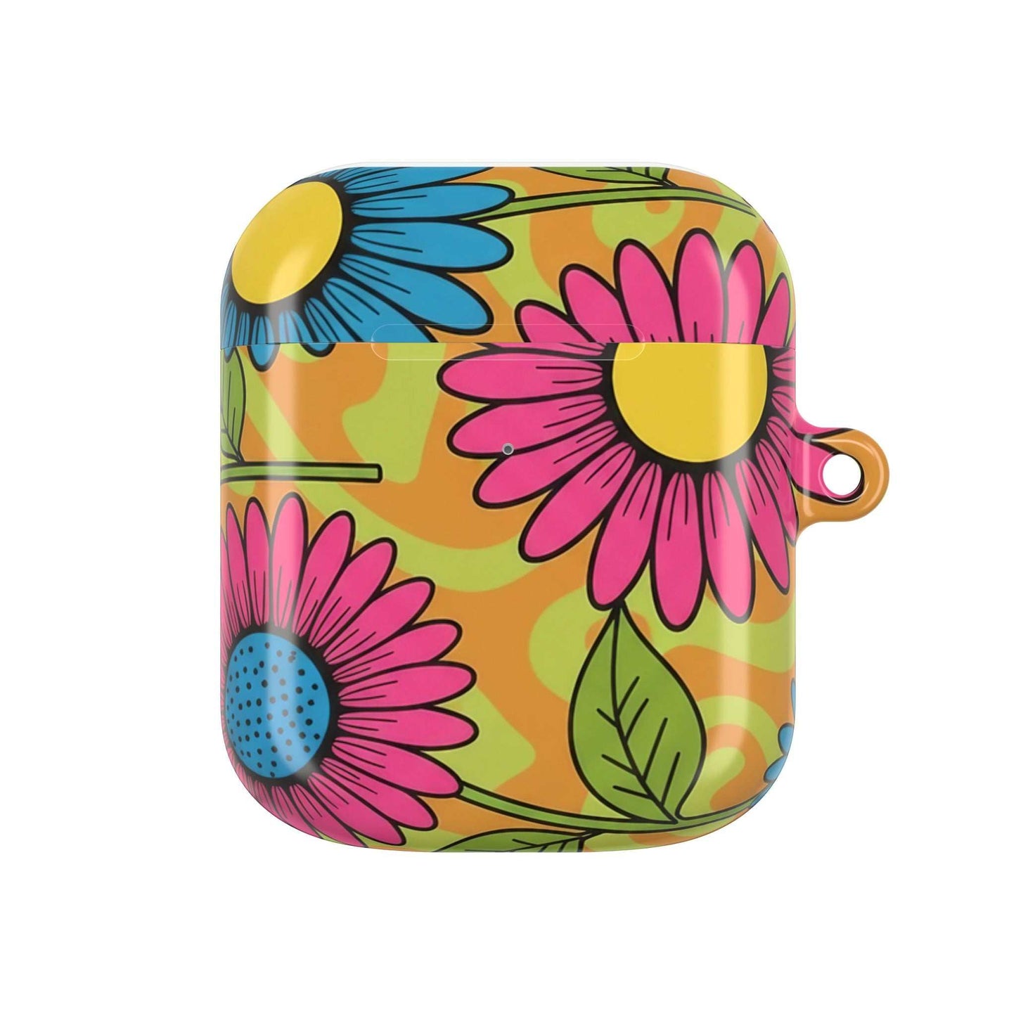 Love Child AirPod Case with colorful floral design, durable and lightweight protective cover with carabiner.