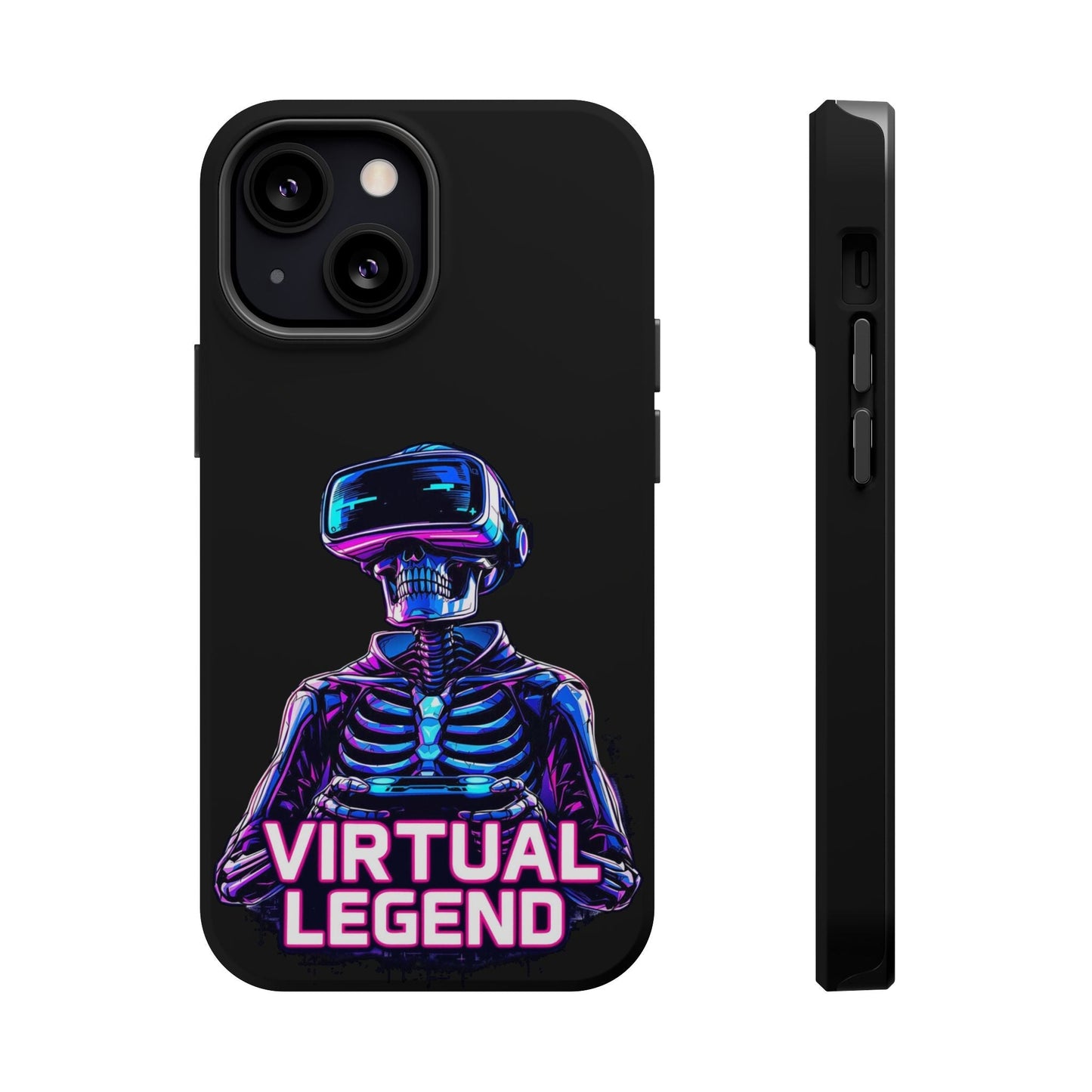 Black iPhone tough case with neon skeleton wearing VR headset and "Virtual Legend" text design